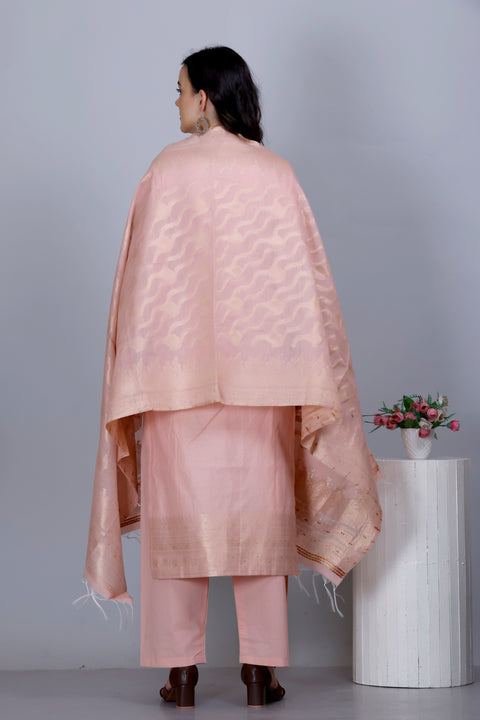 Kidar Ethnic Weave & Embordered Straight Kurta with Pant & Dupatta - PEACH