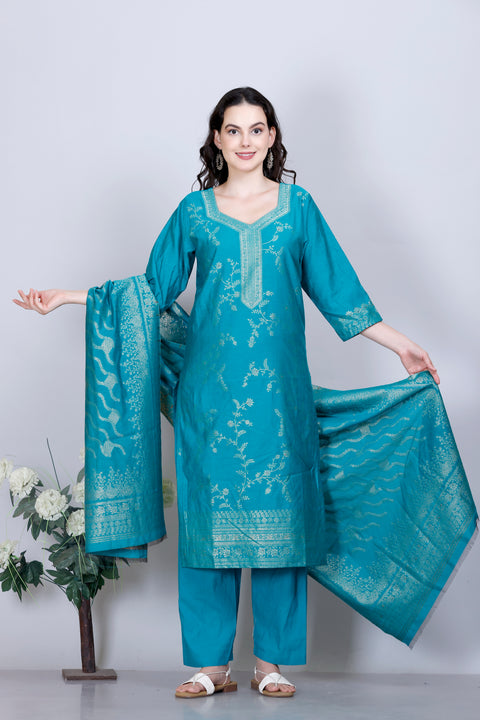 Kidar Ethnic Weave & Embordered Straight Kurta with Pant & Dupatta - NEW GREEN