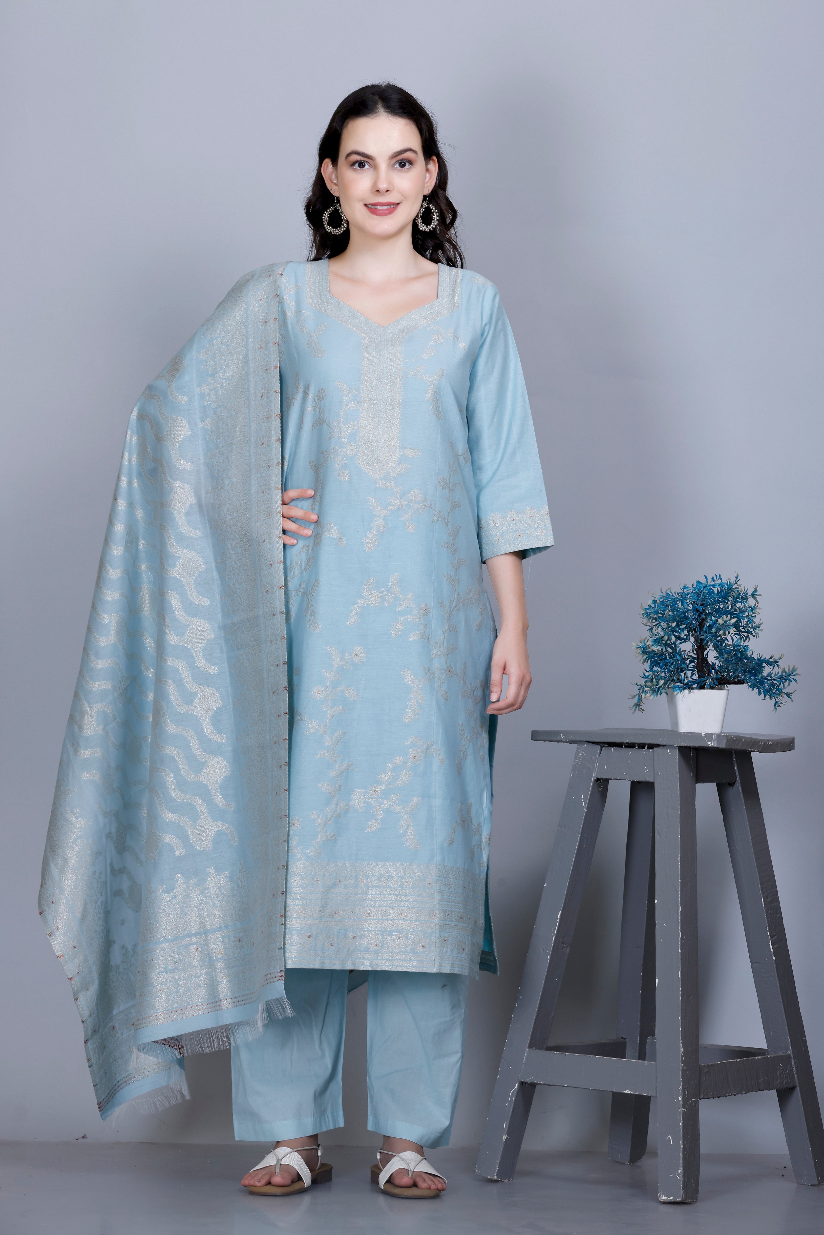 Kidar Ethnic Printed & Embordered Straight Kurta with Pant & Dupatta - SKY BLUE