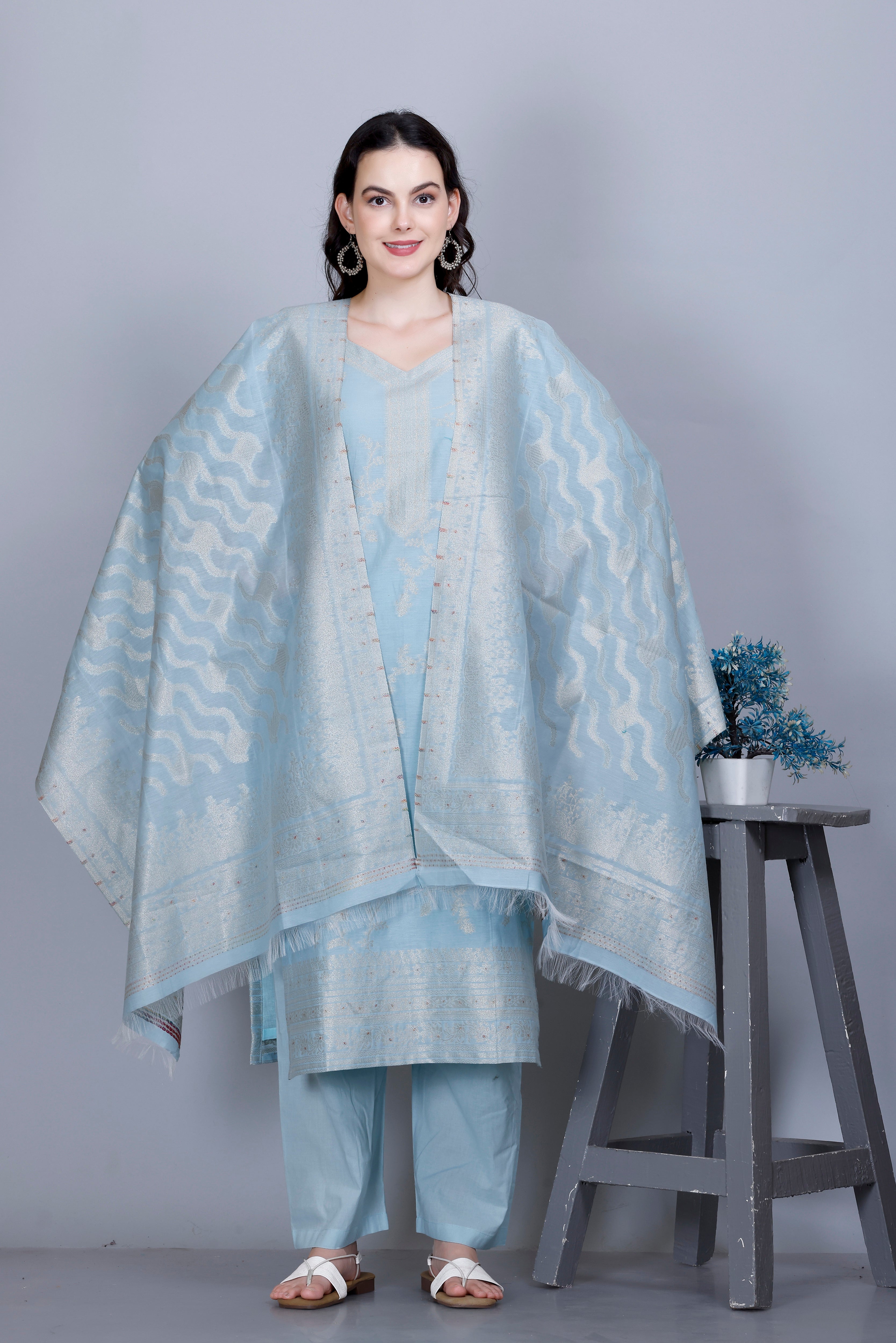 Kidar Ethnic Printed & Embordered Straight Kurta with Pant & Dupatta - SKY BLUE