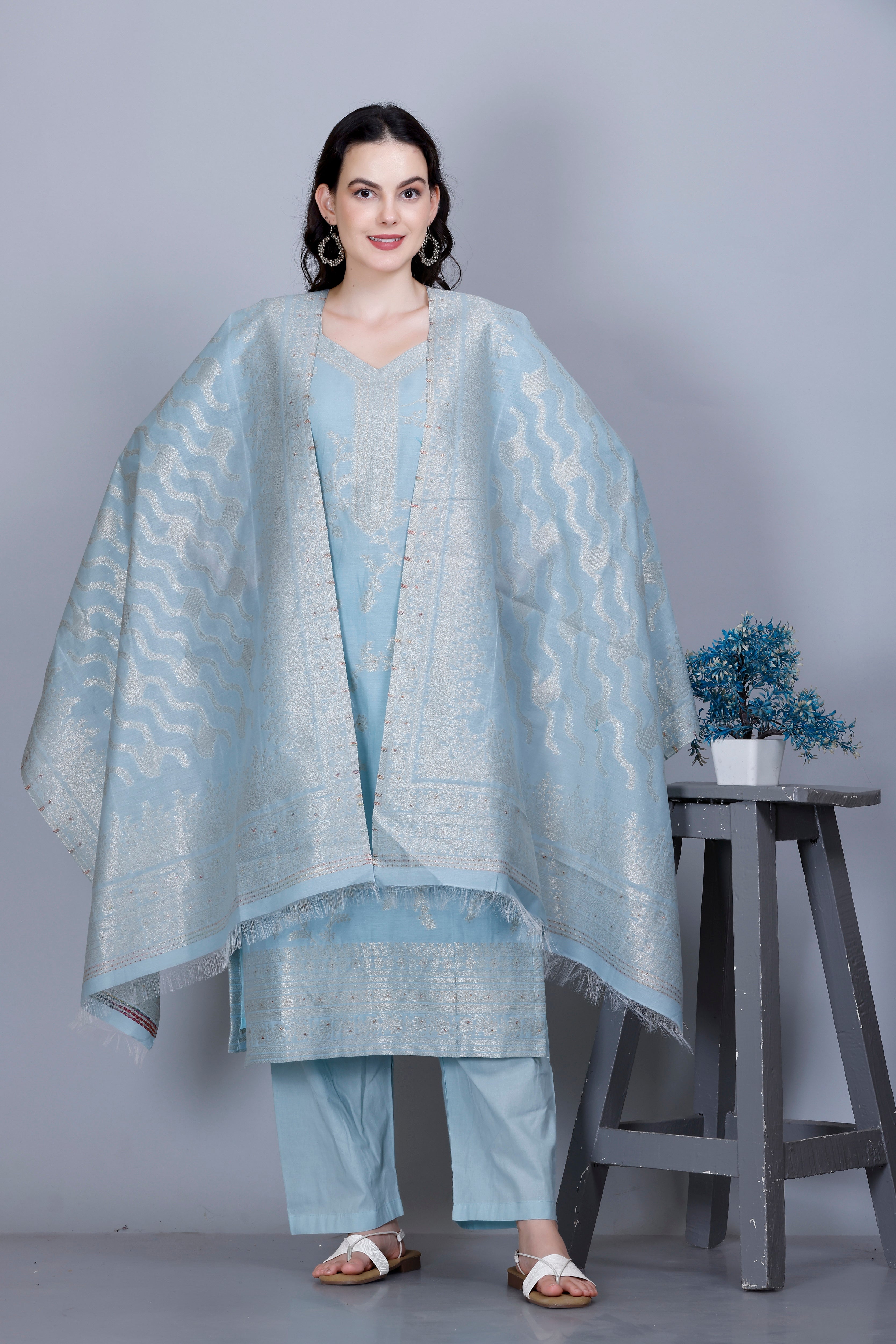 Kidar Ethnic Printed & Embordered Straight Kurta with Pant & Dupatta - SKY BLUE