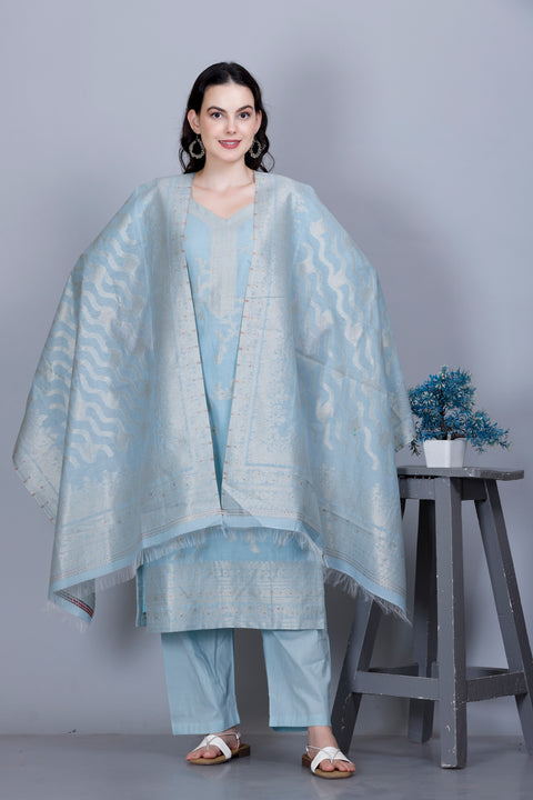Kidar Ethnic Weave & Embordered Straight Kurta with Pant & Dupatta - SKY BLUE