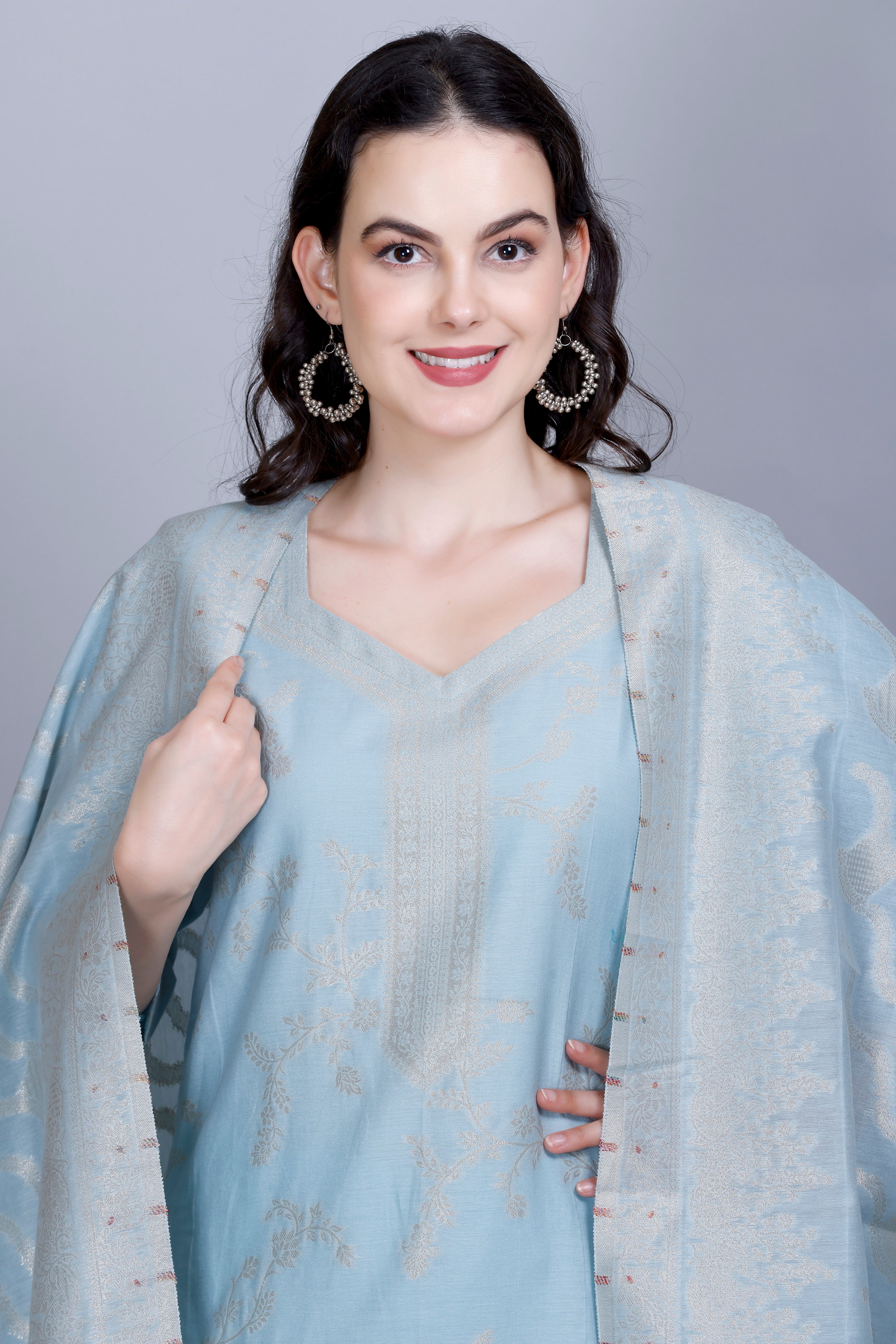 Kidar Ethnic Printed & Embordered Straight Kurta with Pant & Dupatta - SKY BLUE