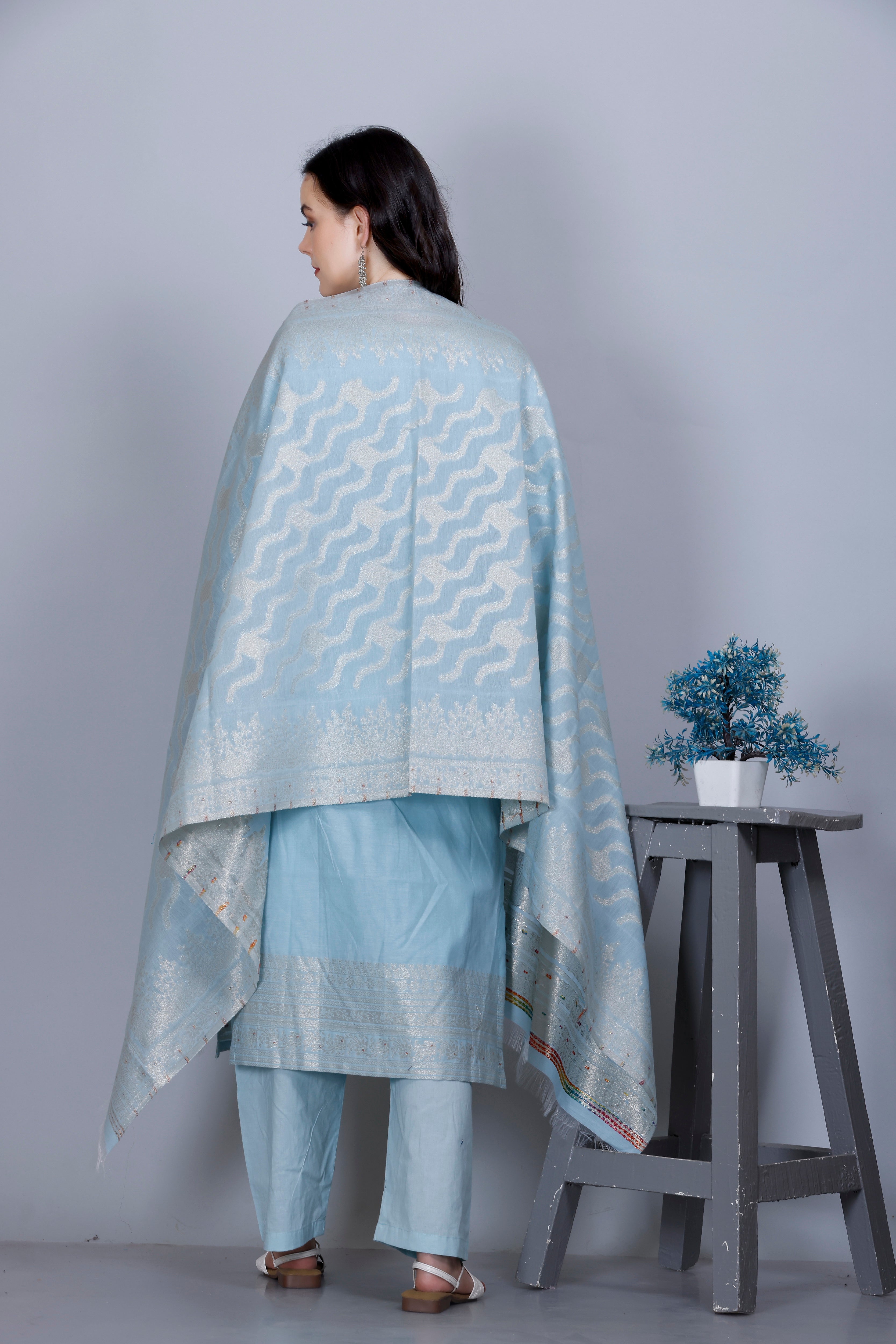 Kidar Ethnic Printed & Embordered Straight Kurta with Pant & Dupatta - SKY BLUE