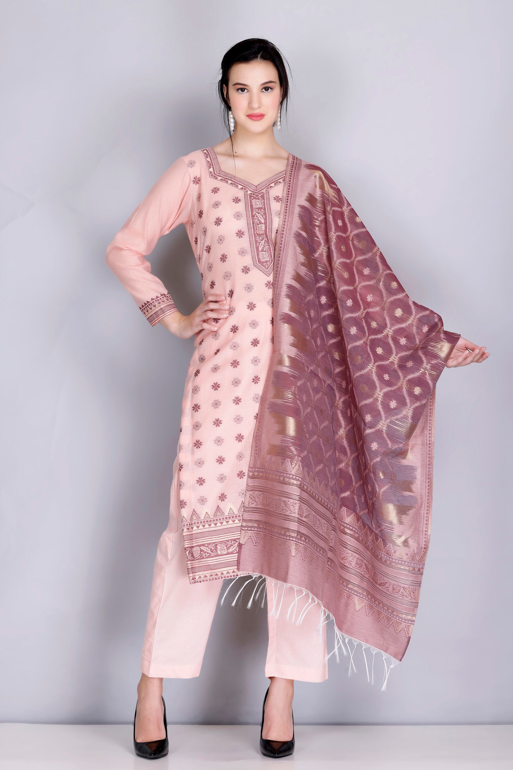 Kidar's Unstitched Cotton Silk Suit In Peach