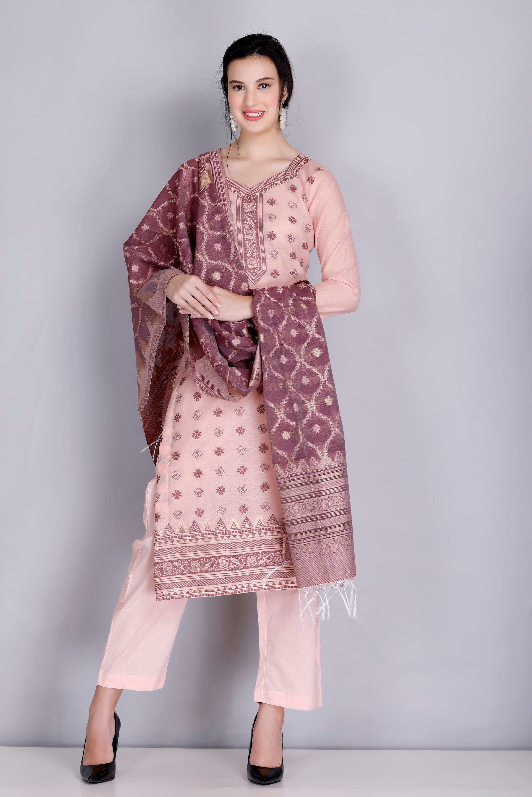 Kidar's Unstitched Cotton Silk Suit In Peach