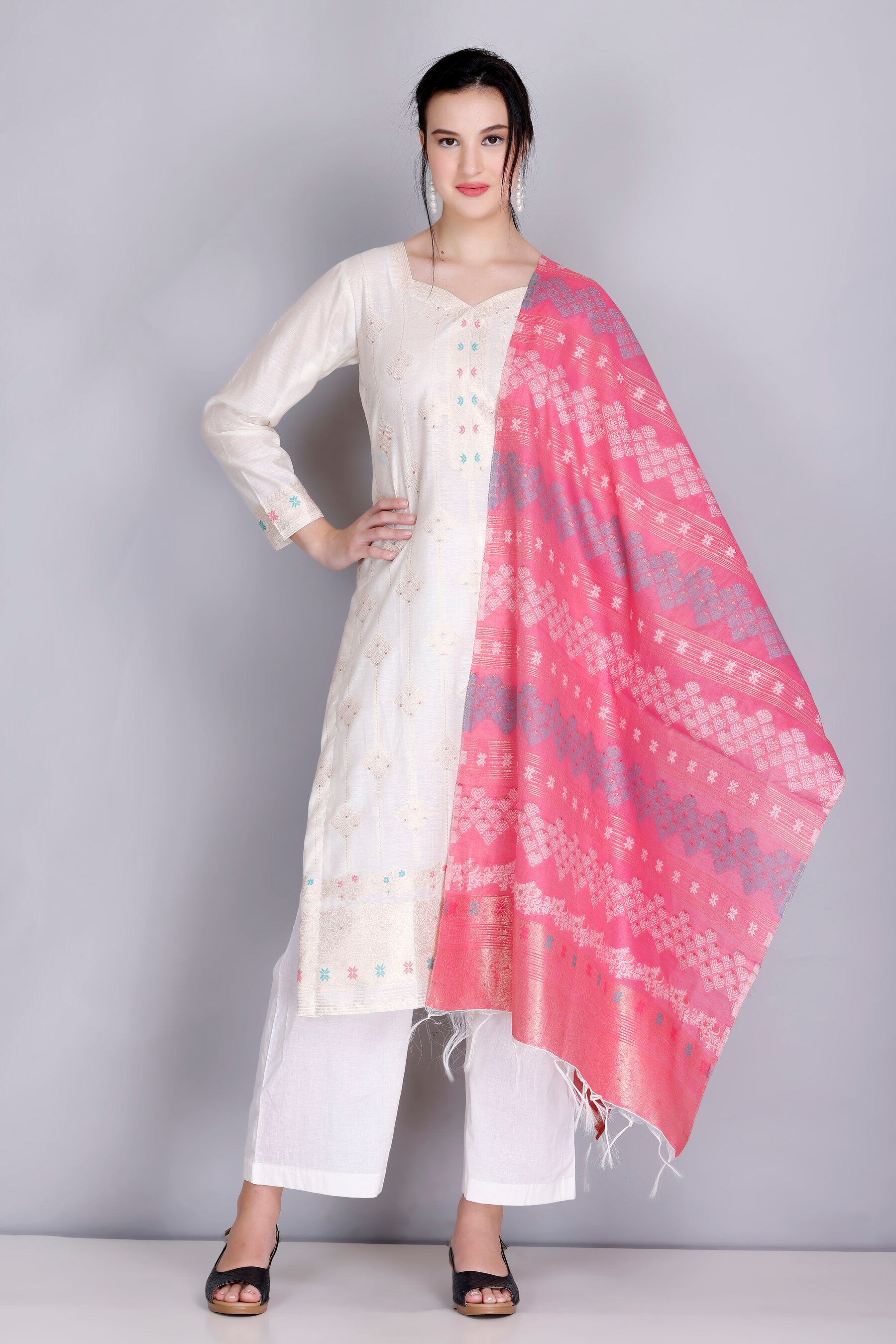 Kidar's Unstitched Cotton Silk Suit In White