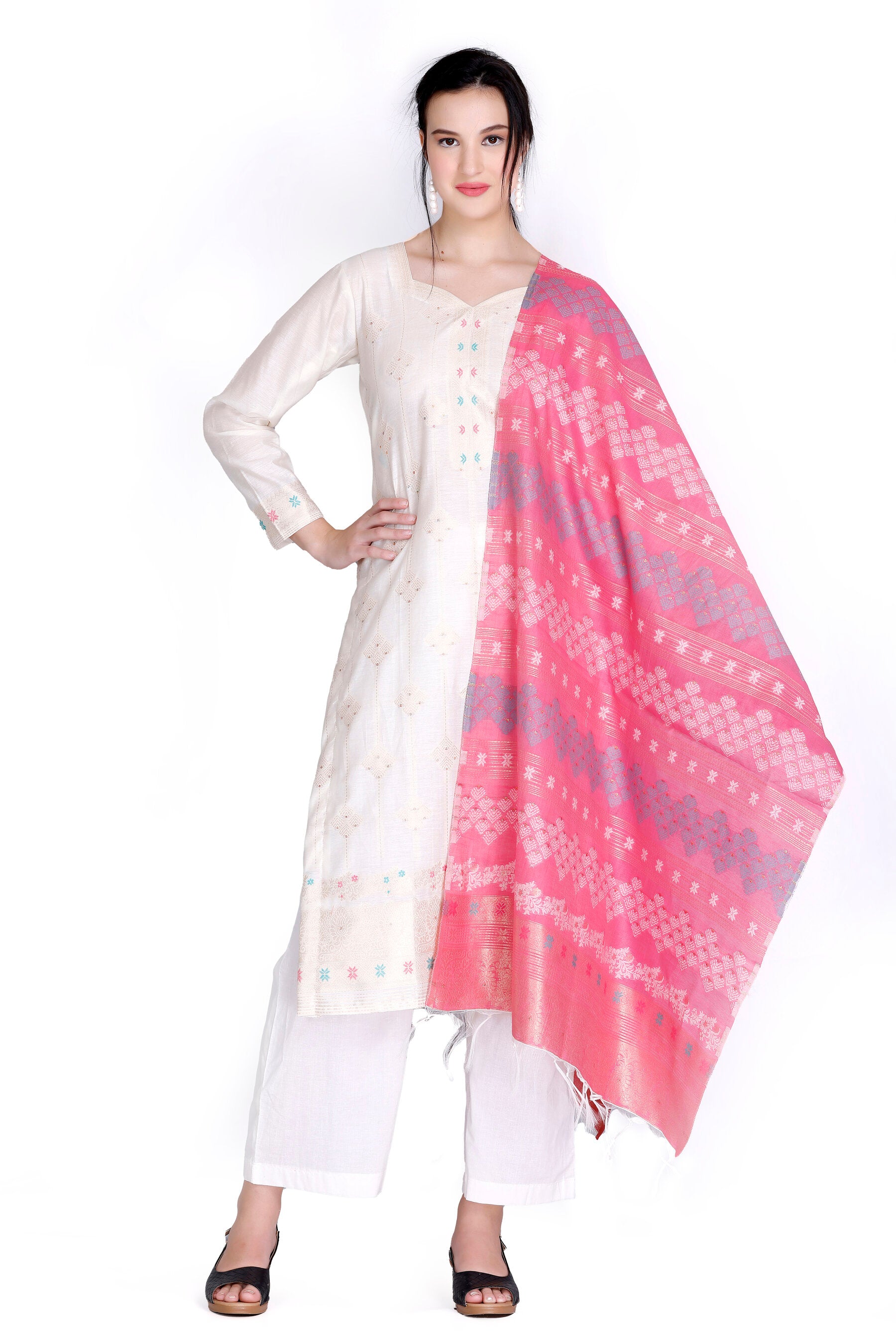 Kidar's Unstitched Cotton Silk Suit In White