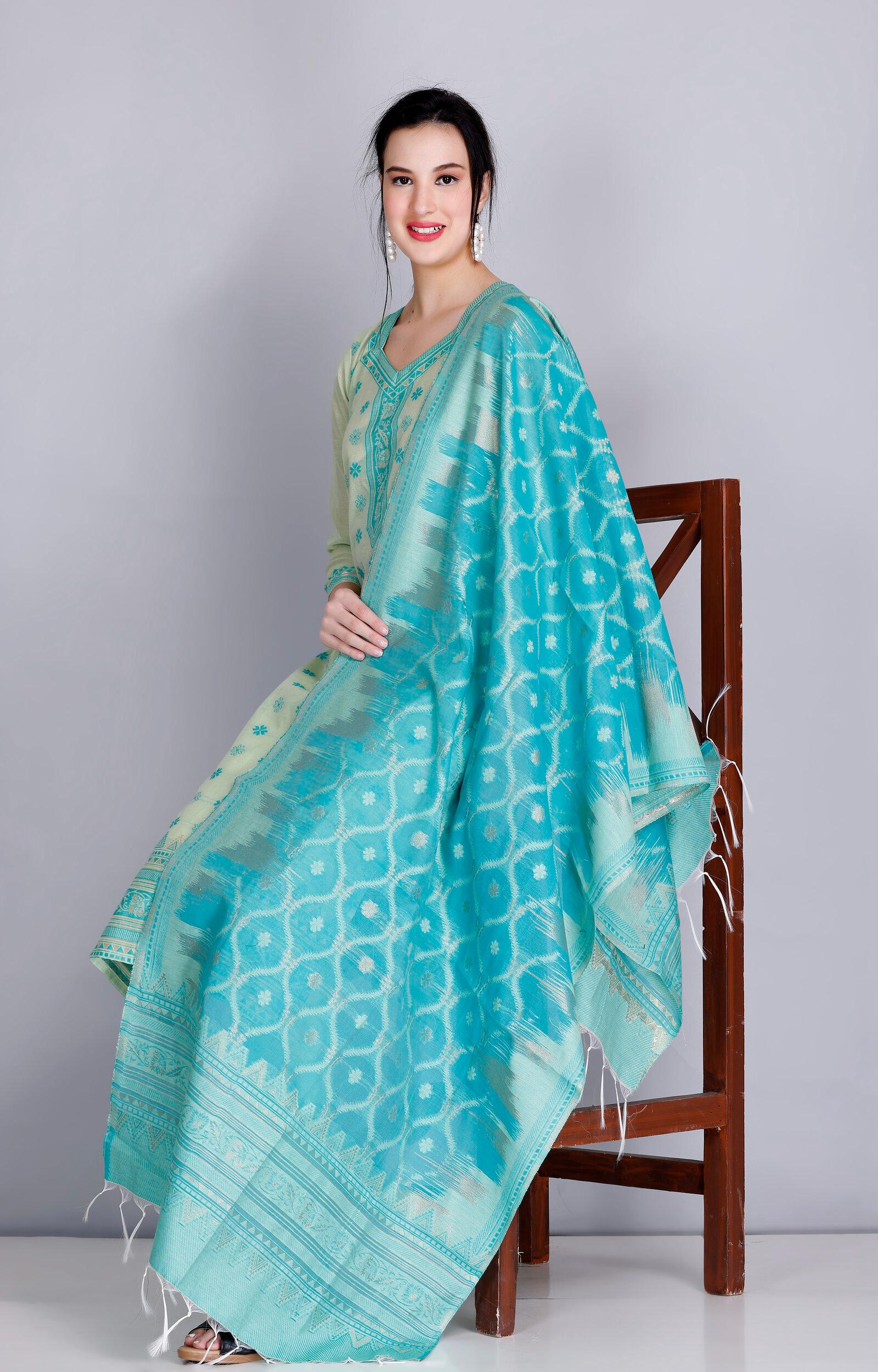 Kidar's Unstitched Cotton Silk Suit In Light Green