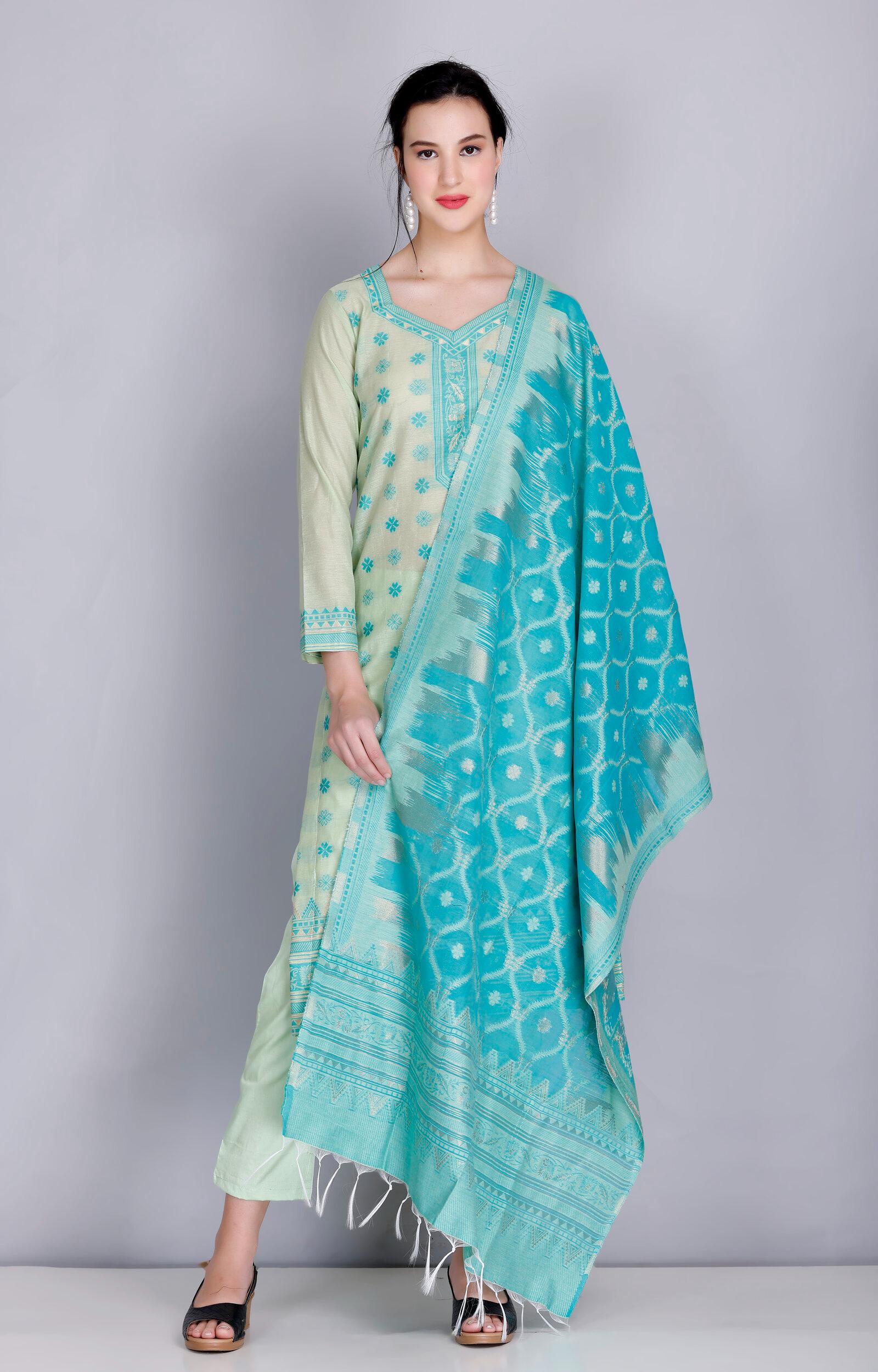 Kidar's Unstitched Cotton Silk Suit In Light Green