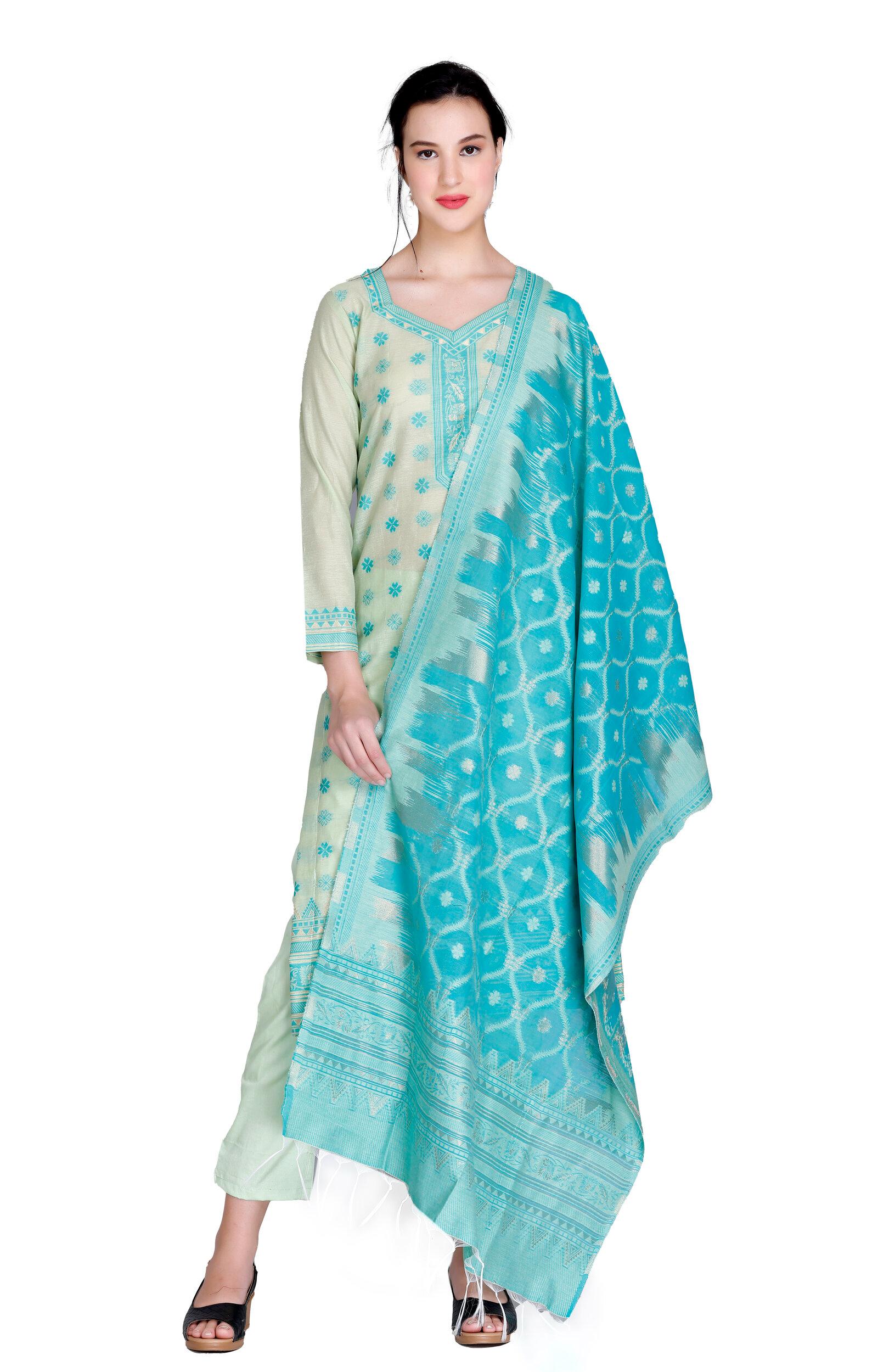 Kidar's Unstitched Cotton Silk Suit In Light Green