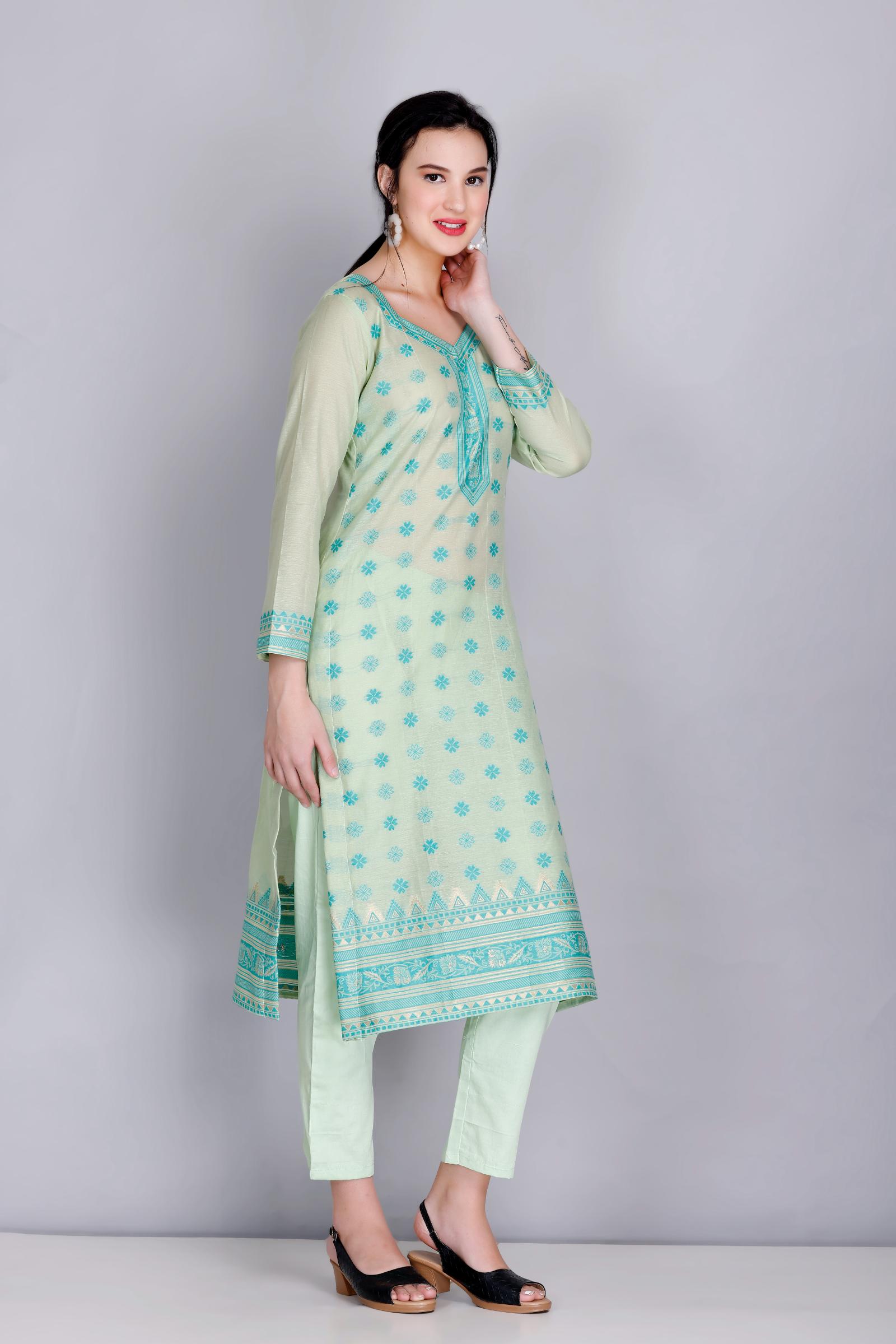 Kidar's Unstitched Cotton Silk Suit In Light Green