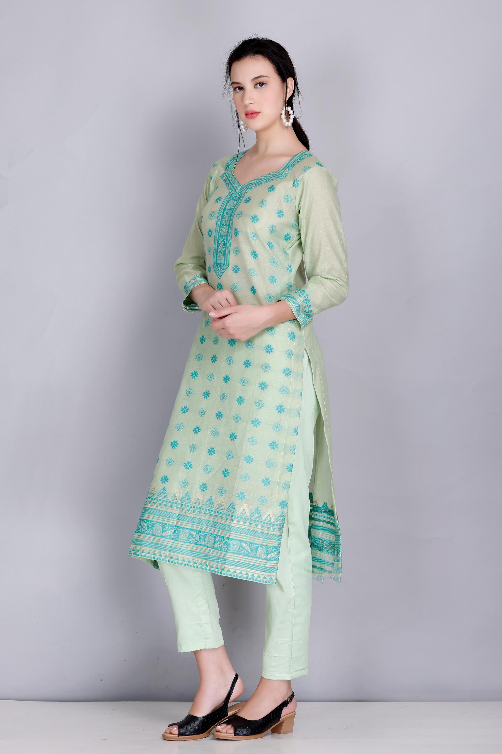 Kidar's Unstitched Cotton Silk Suit In Light Green