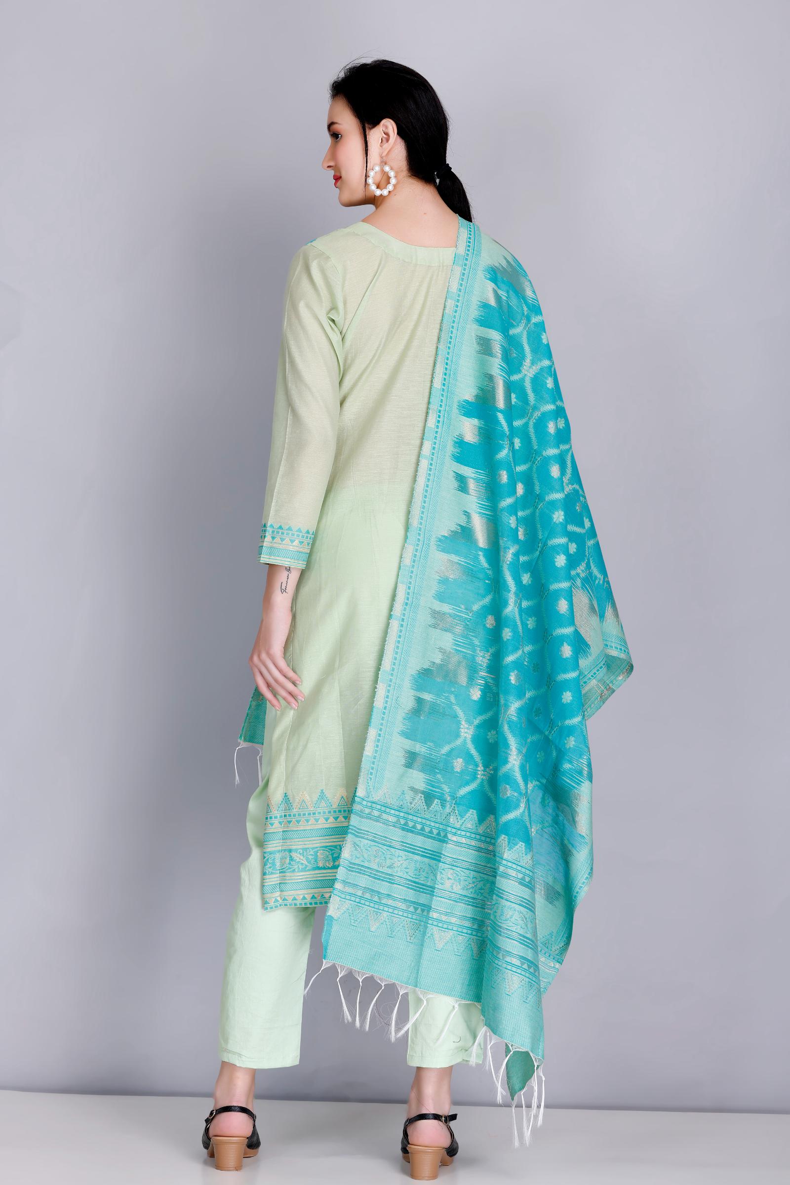 Kidar's Unstitched Cotton Silk Suit In Light Green