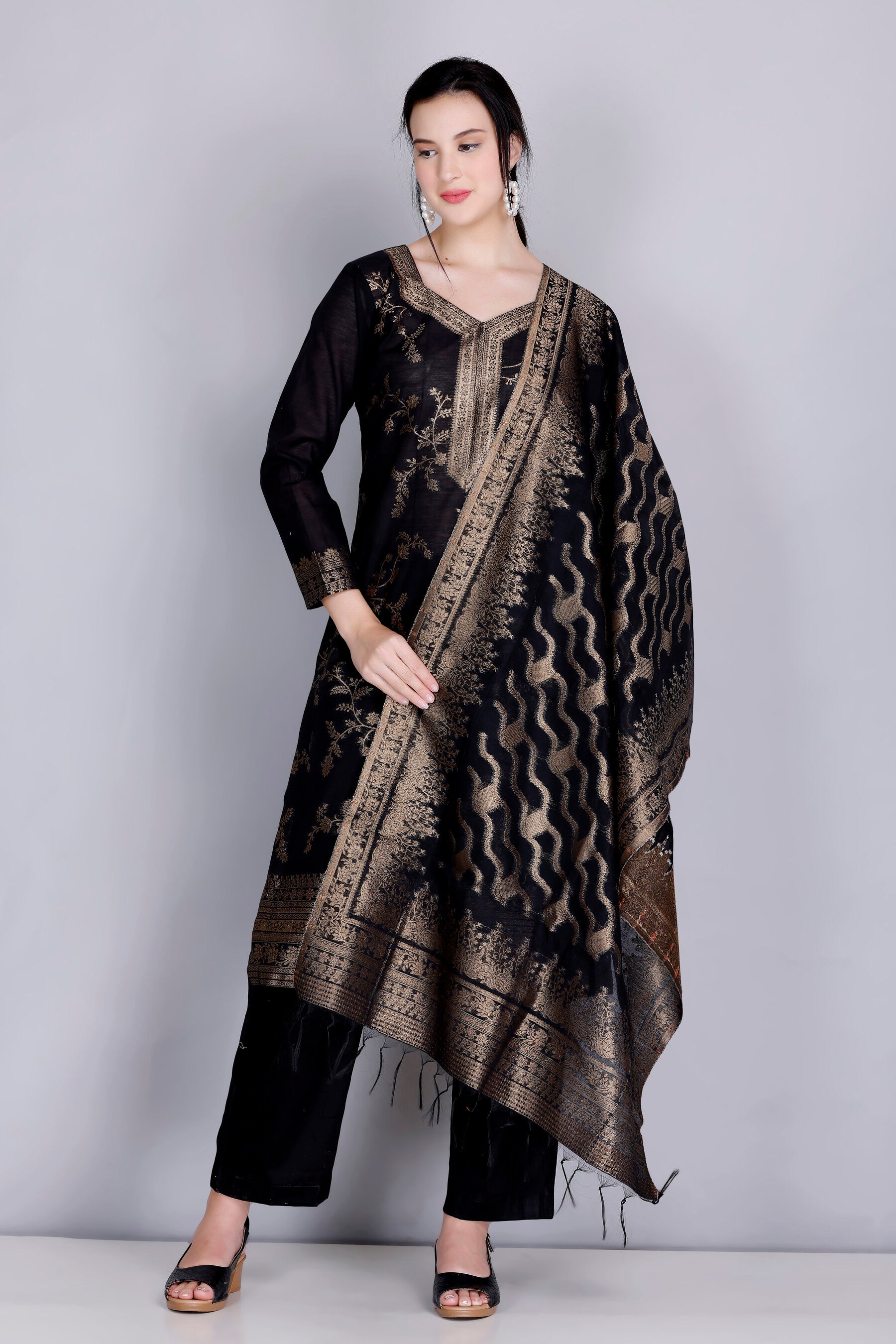 Kidar 's Unstitched Cotton Silk Suit in Black