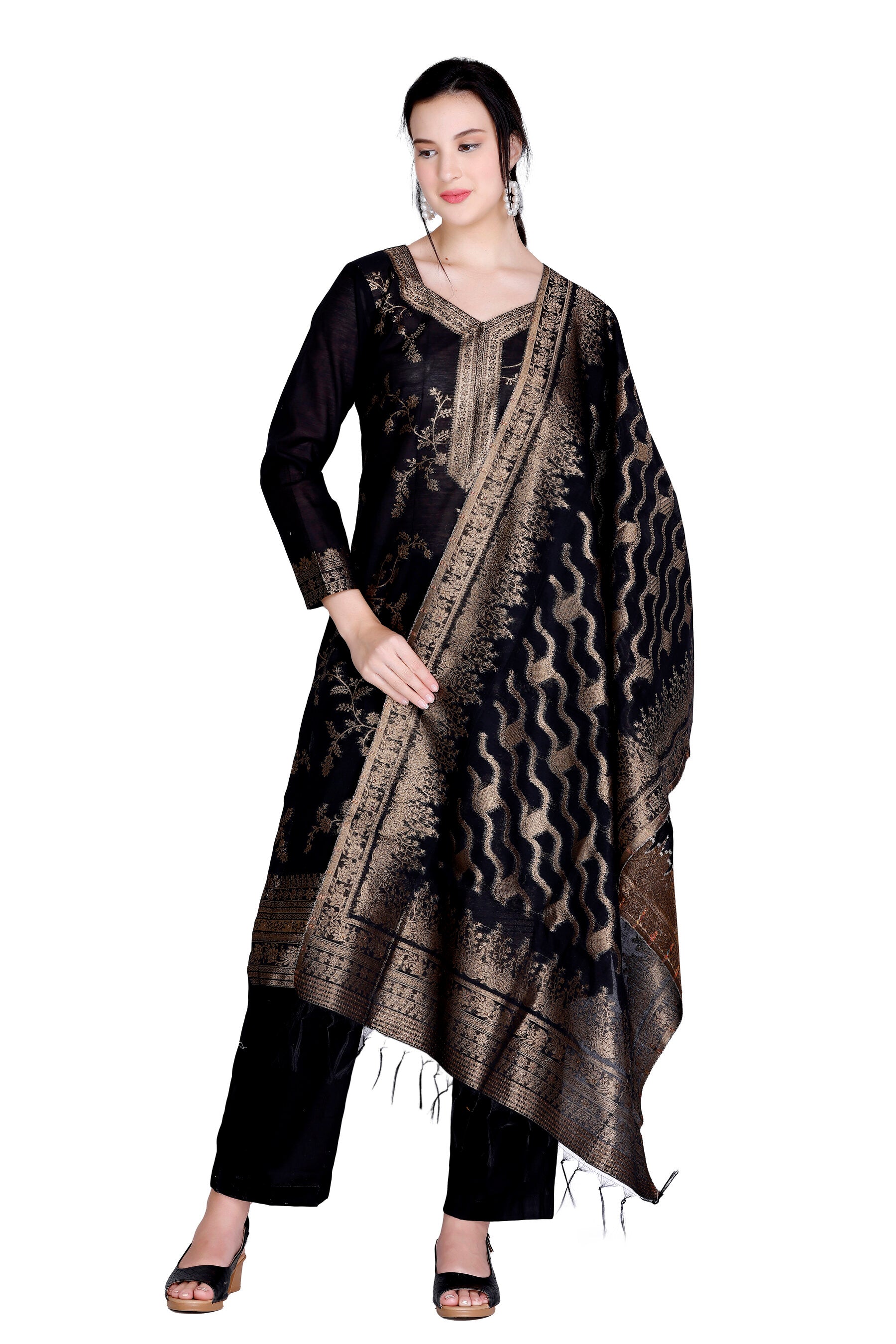 Kidar 's Unstitched Cotton Silk Suit in Black