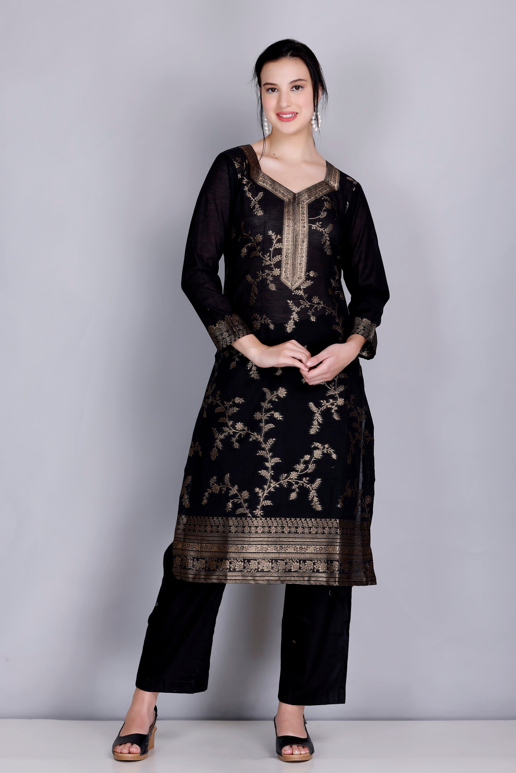 Kidar 's Unstitched Cotton Silk Suit in Black