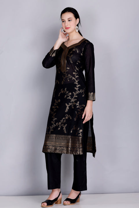 Kidar 's Unstitched Cotton Silk Suit in Black