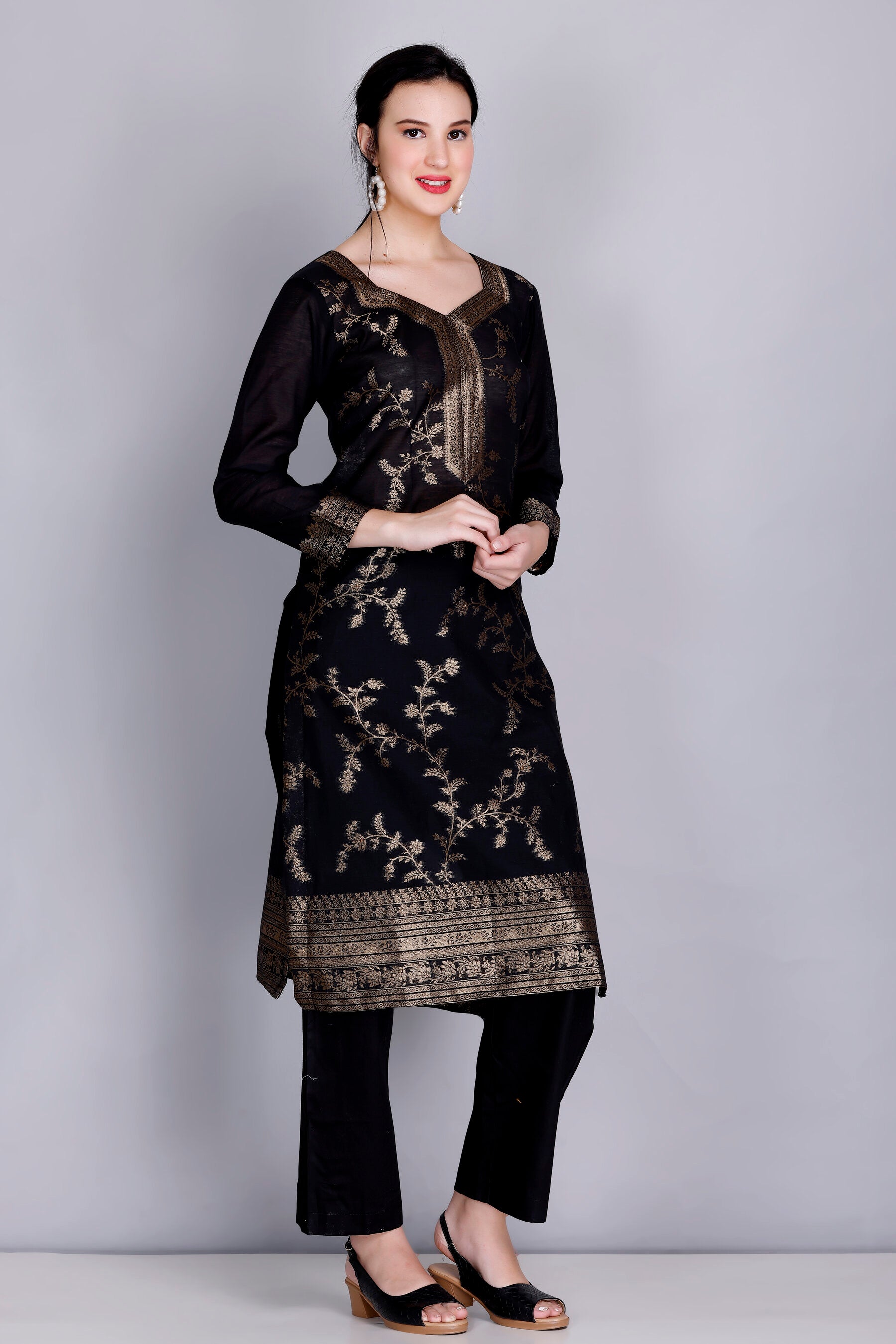 Kidar 's Unstitched Cotton Silk Suit in Black