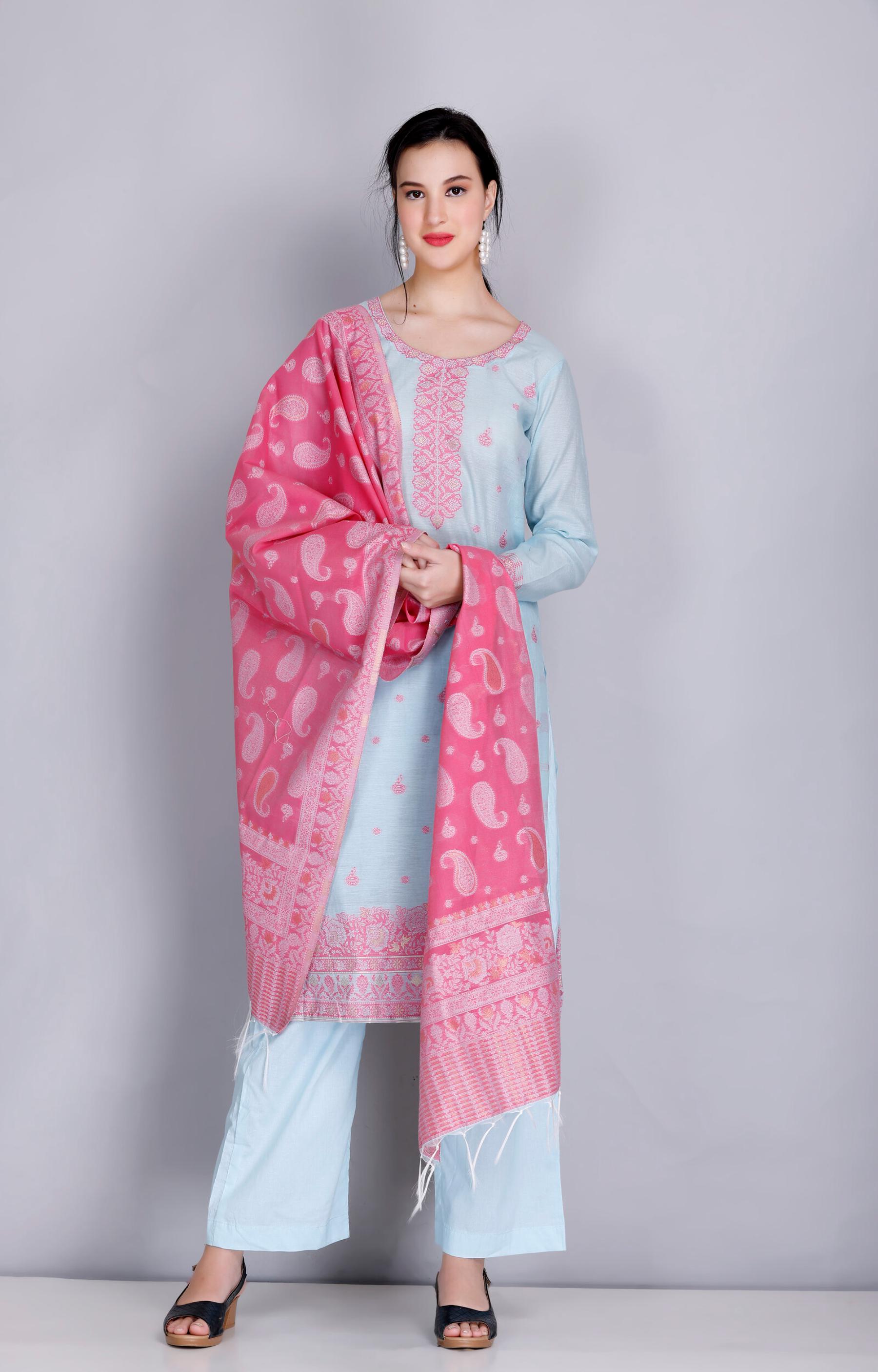 Kidar's Unstitched Cotton Silk Suit In Sky Blue