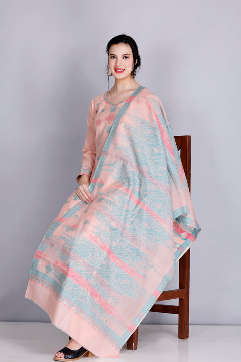 Kidar's Unstitched Cotton Silk Suit in Peach
