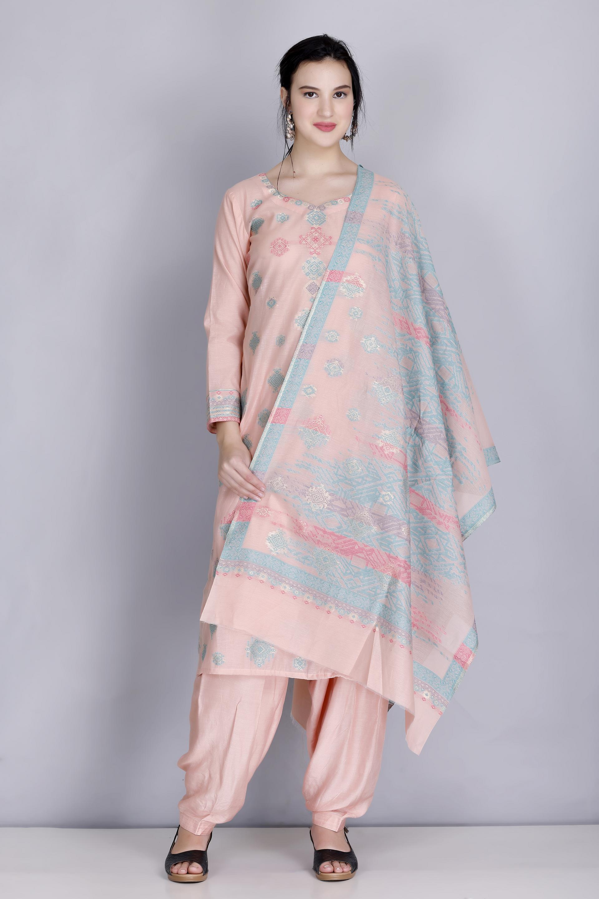 Kidar's Unstitched Cotton Silk Suit in Peach