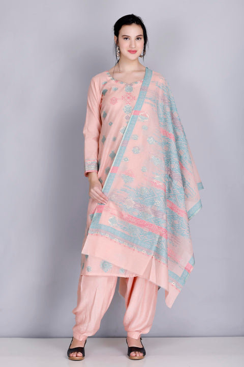 Kidar's Unstitched Cotton Silk Suit in Peach