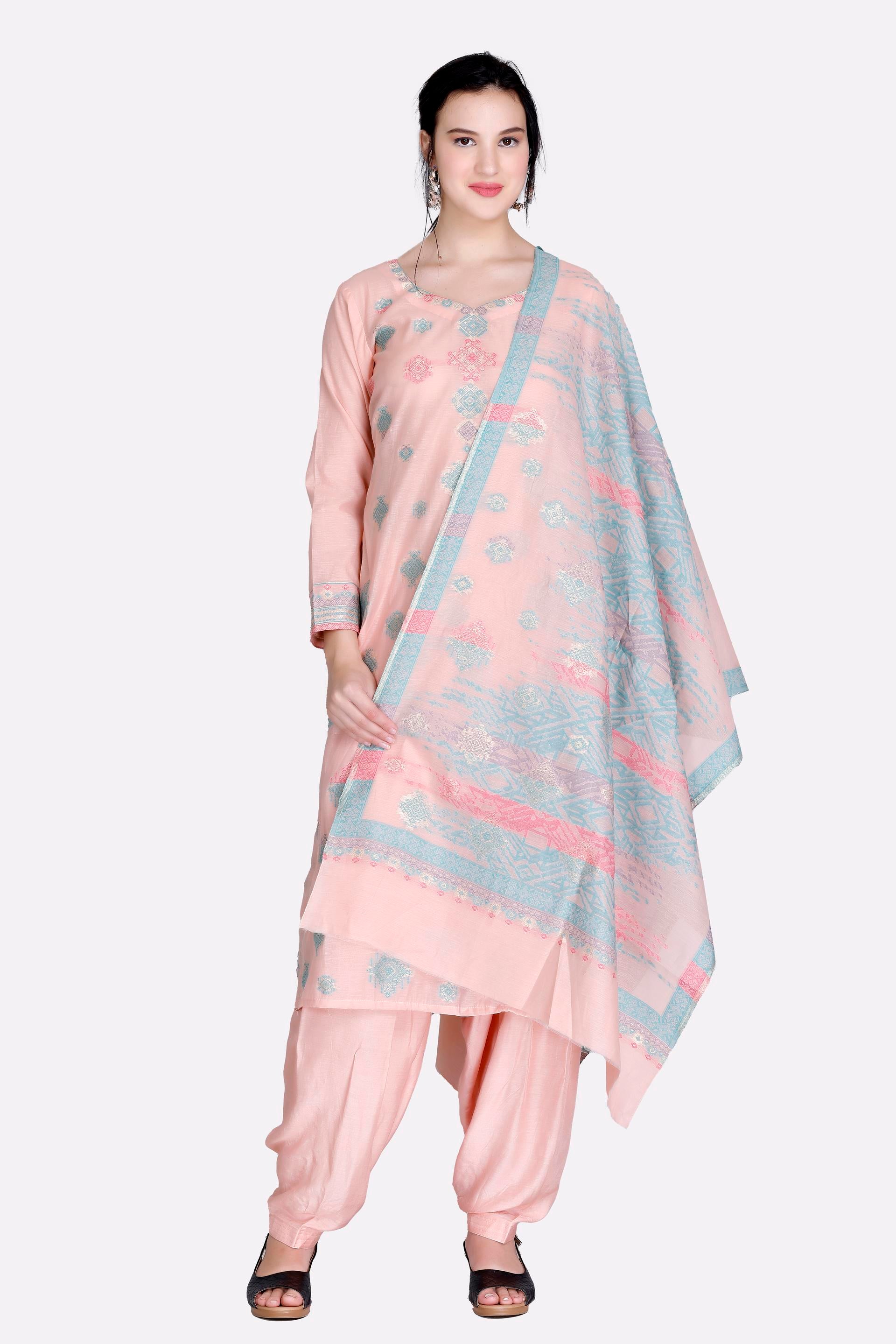 Kidar's Unstitched Cotton Silk Suit in Peach