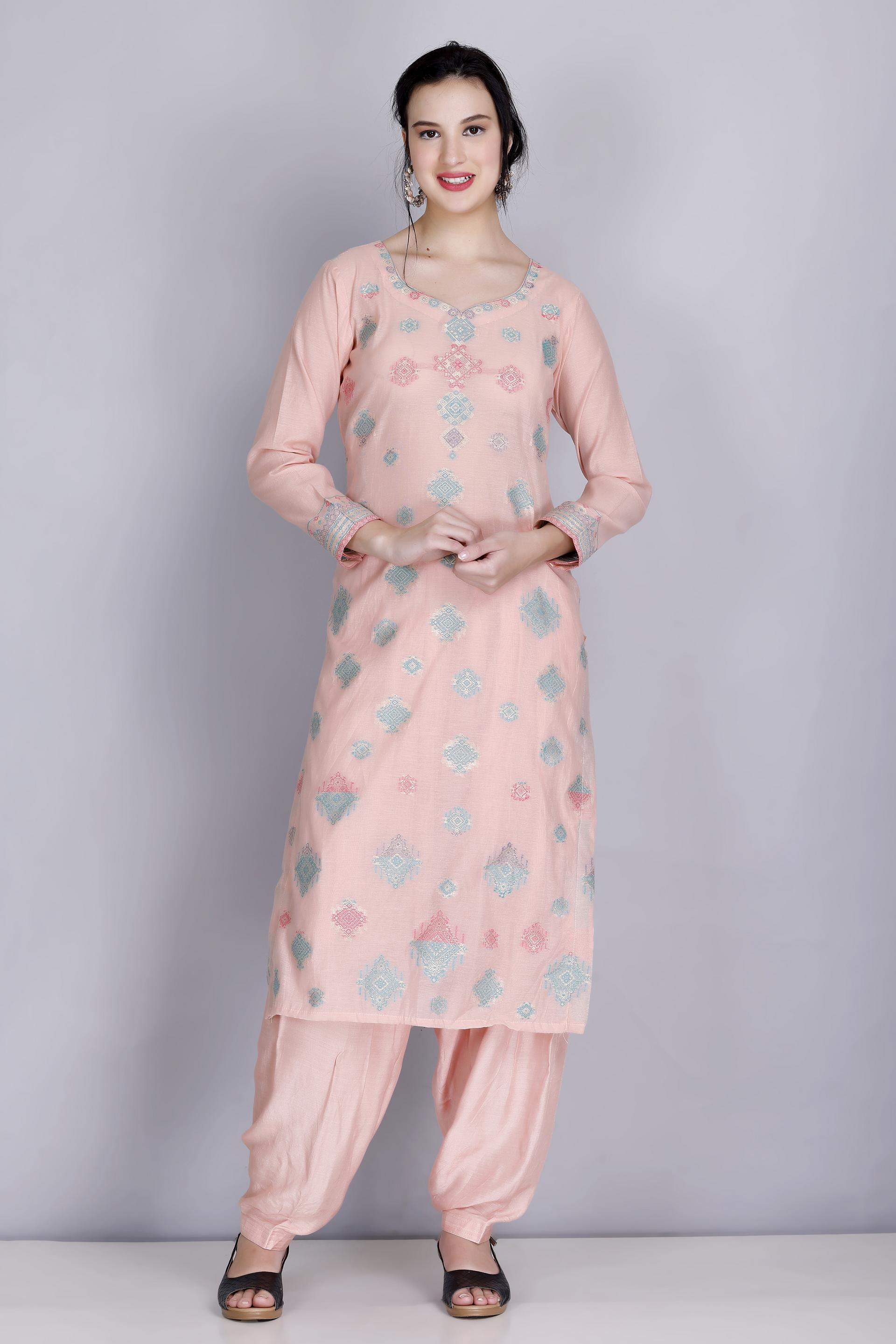 Kidar's Unstitched Cotton Silk Suit in Peach