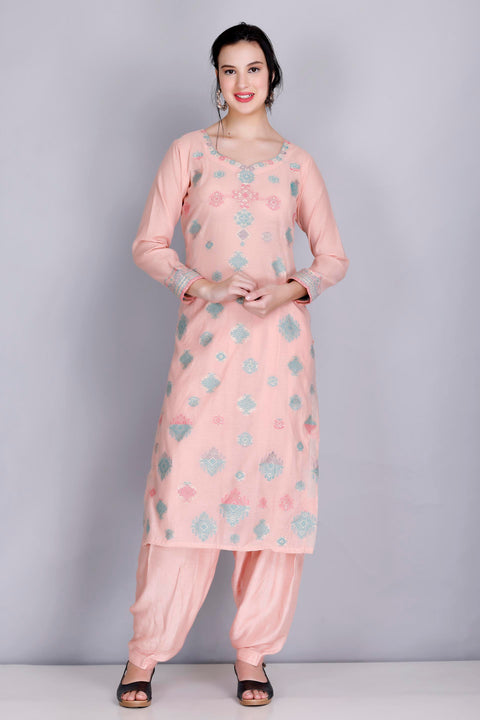 Kidar's Unstitched Cotton Silk Suit in Peach