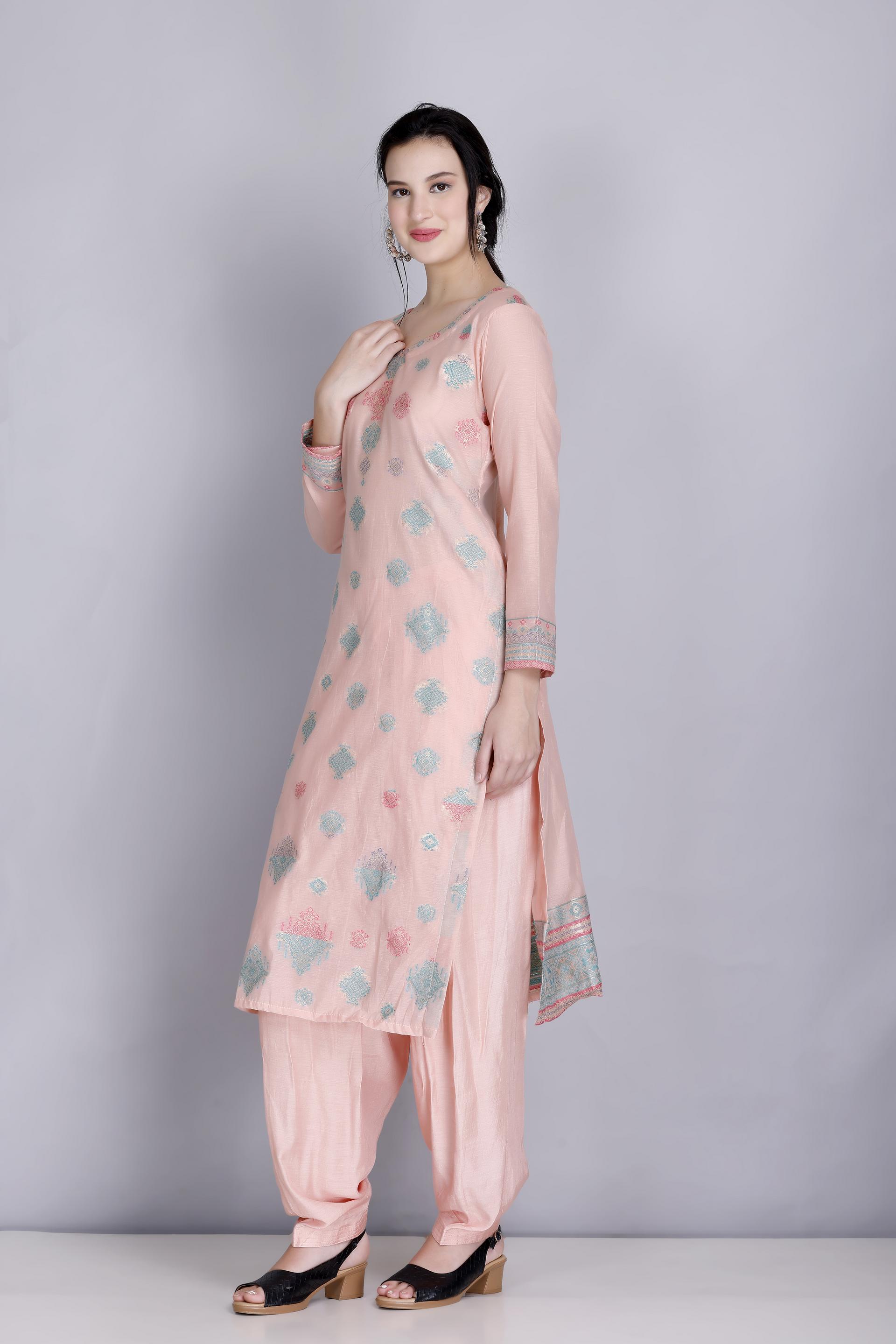 Kidar's Unstitched Cotton Silk Suit in Peach