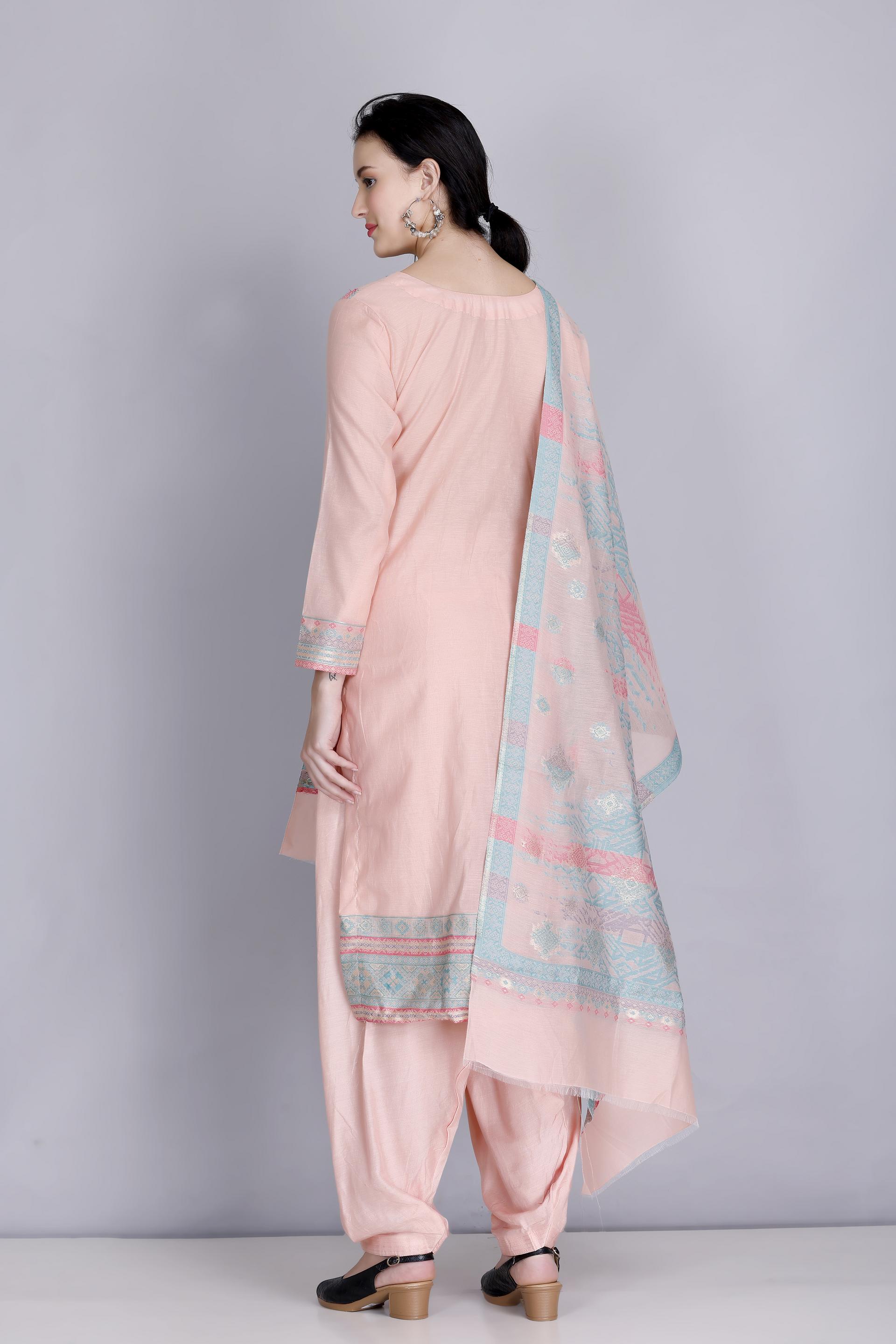 Kidar's Unstitched Cotton Silk Suit in Peach