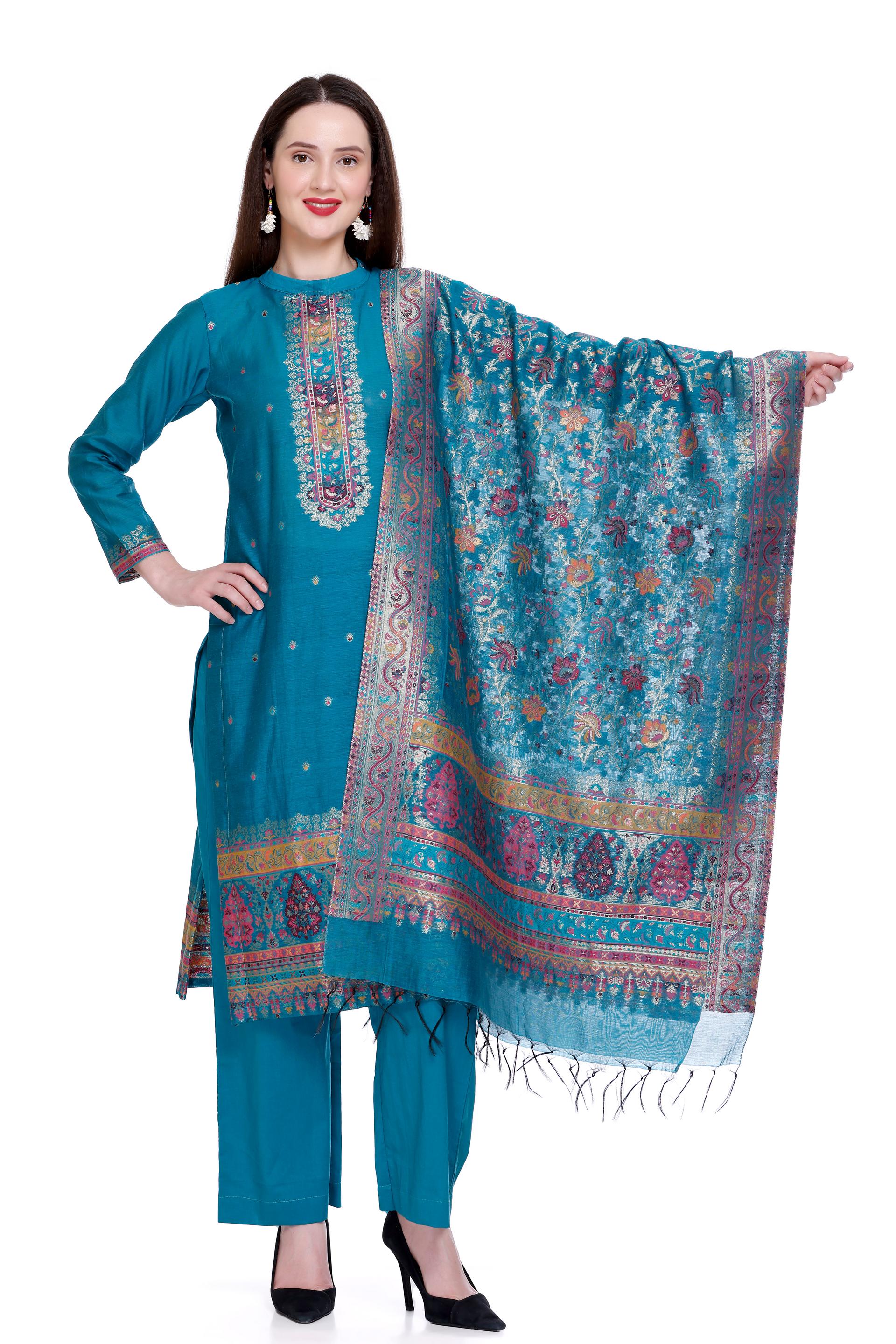 Kidar's Unstitched Cotton Silk Suit in Blue