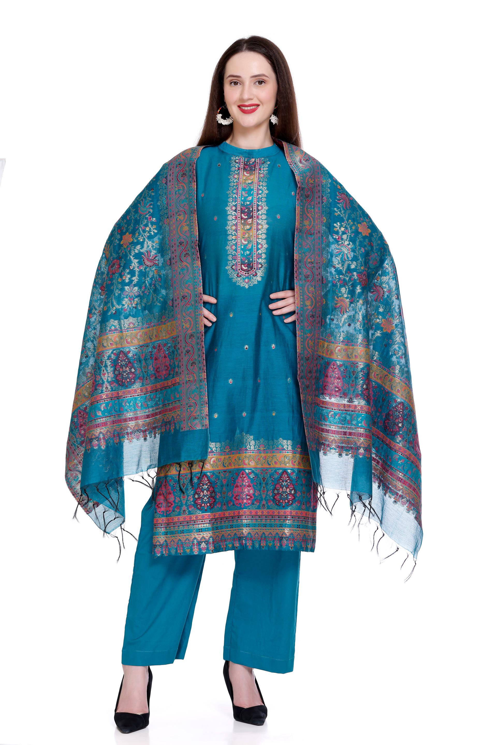 Kidar's Unstitched Cotton Silk Suit in Blue