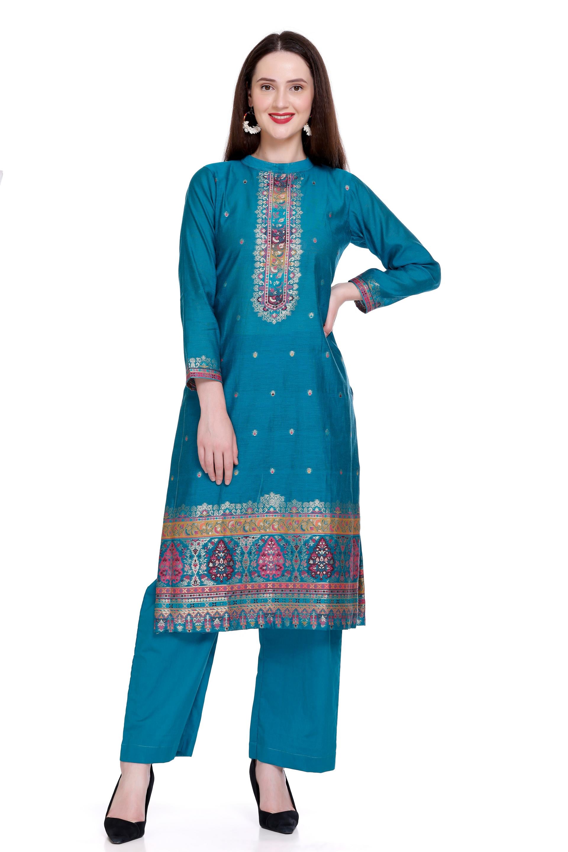 Kidar's Unstitched Cotton Silk Suit in Blue