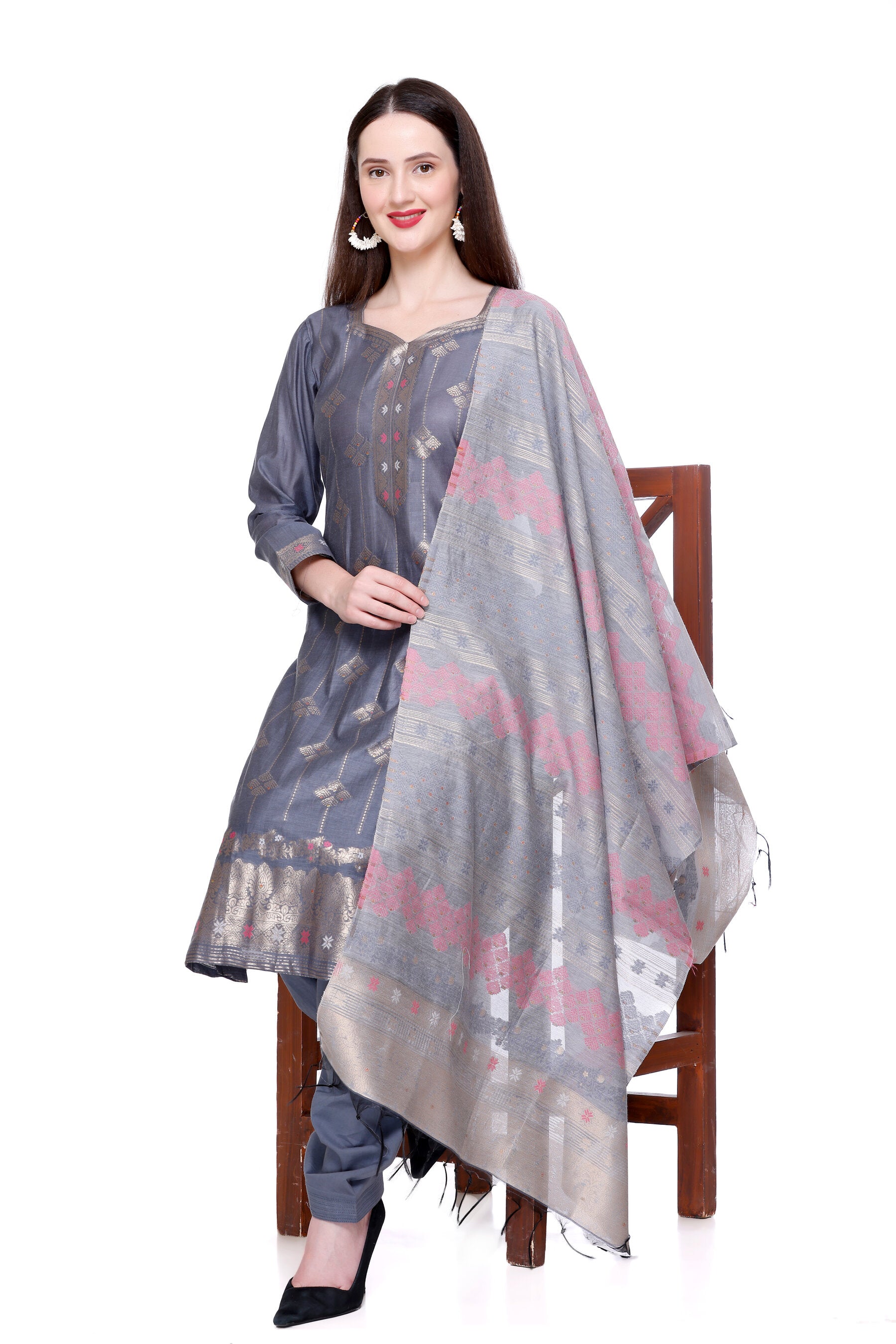 Kidar's Unstitched Cotton Silk Suit In Grey