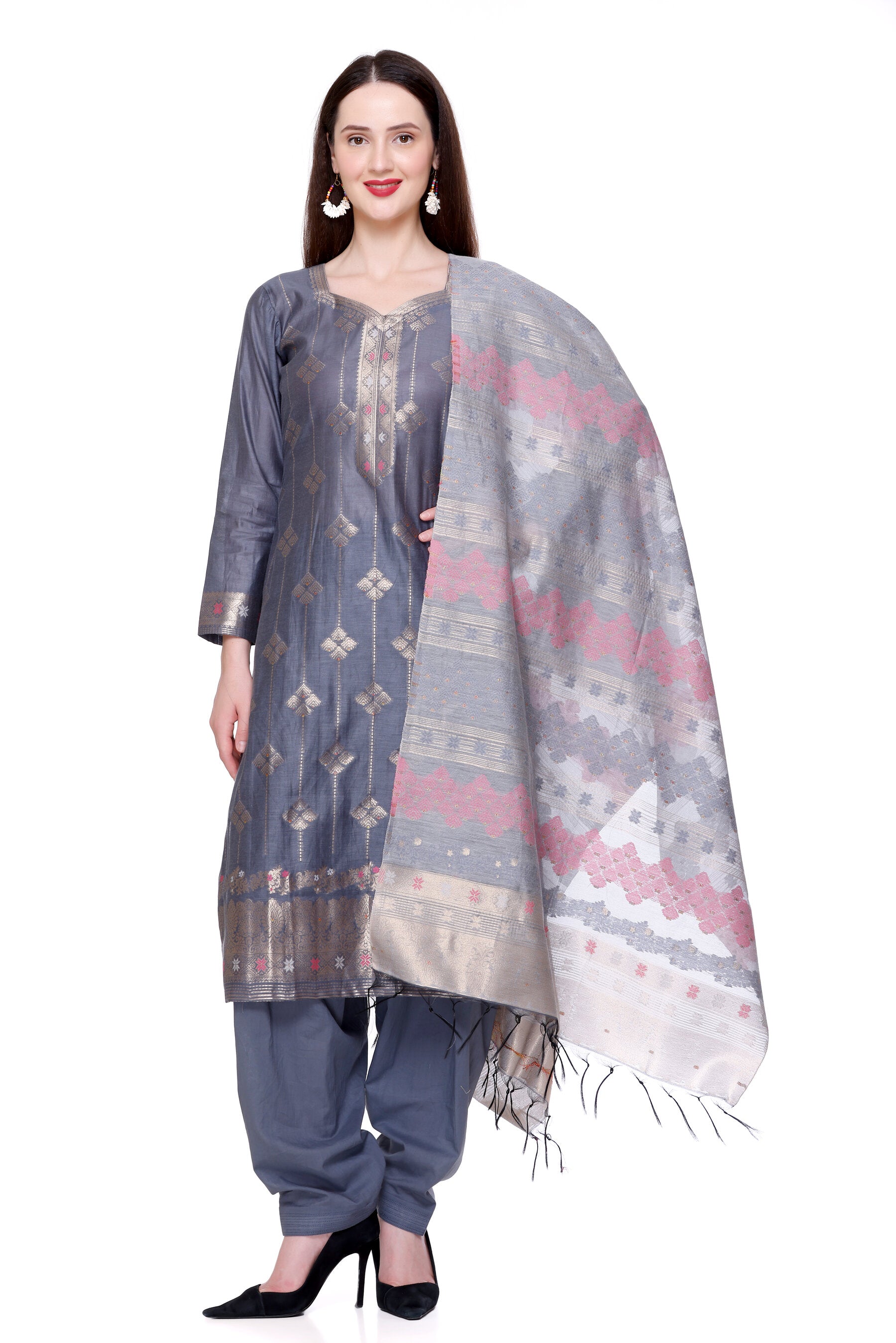 Kidar's Unstitched Cotton Silk Suit In Grey