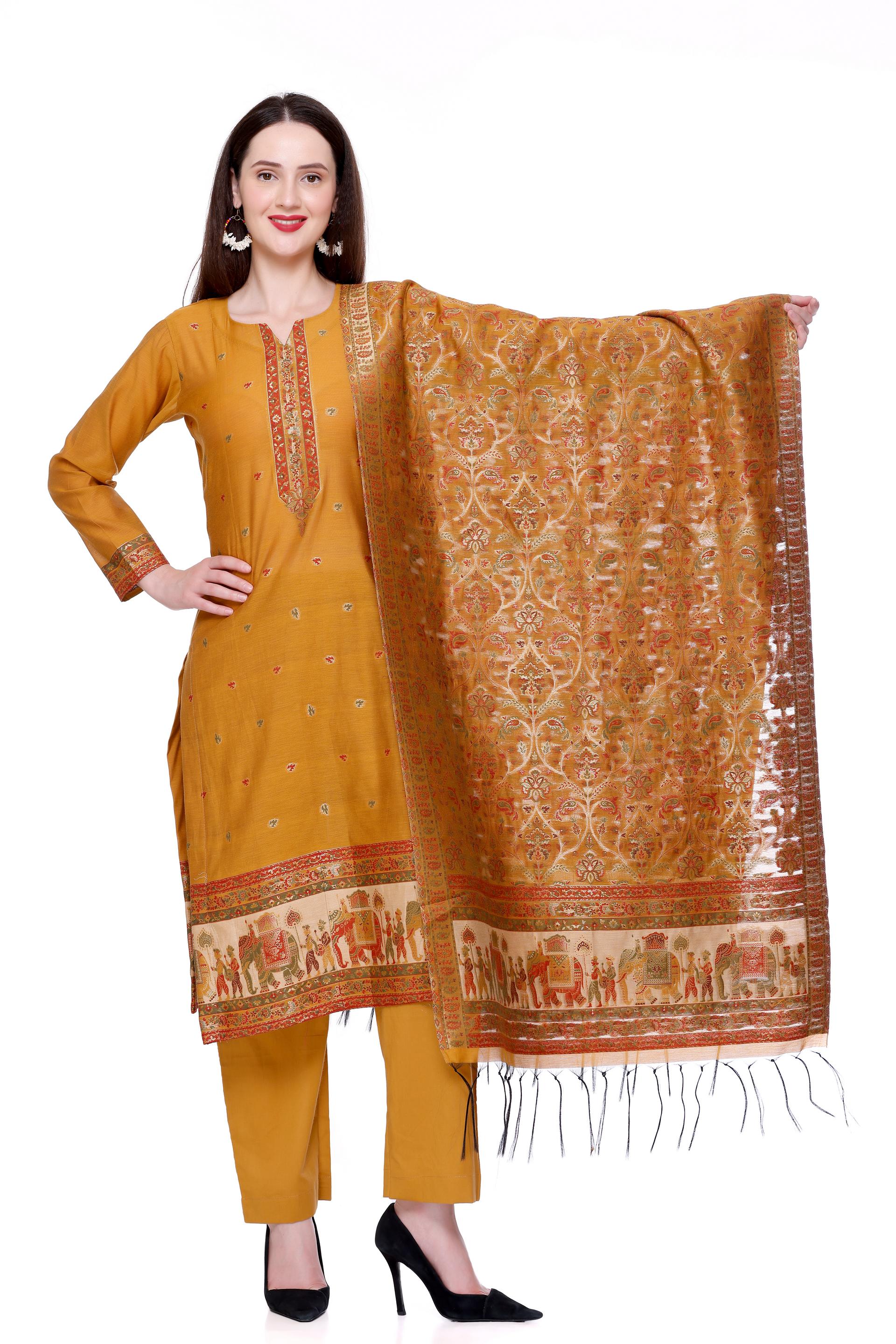 Kidar's Unstitched Cotton Silk Suit in Musturd