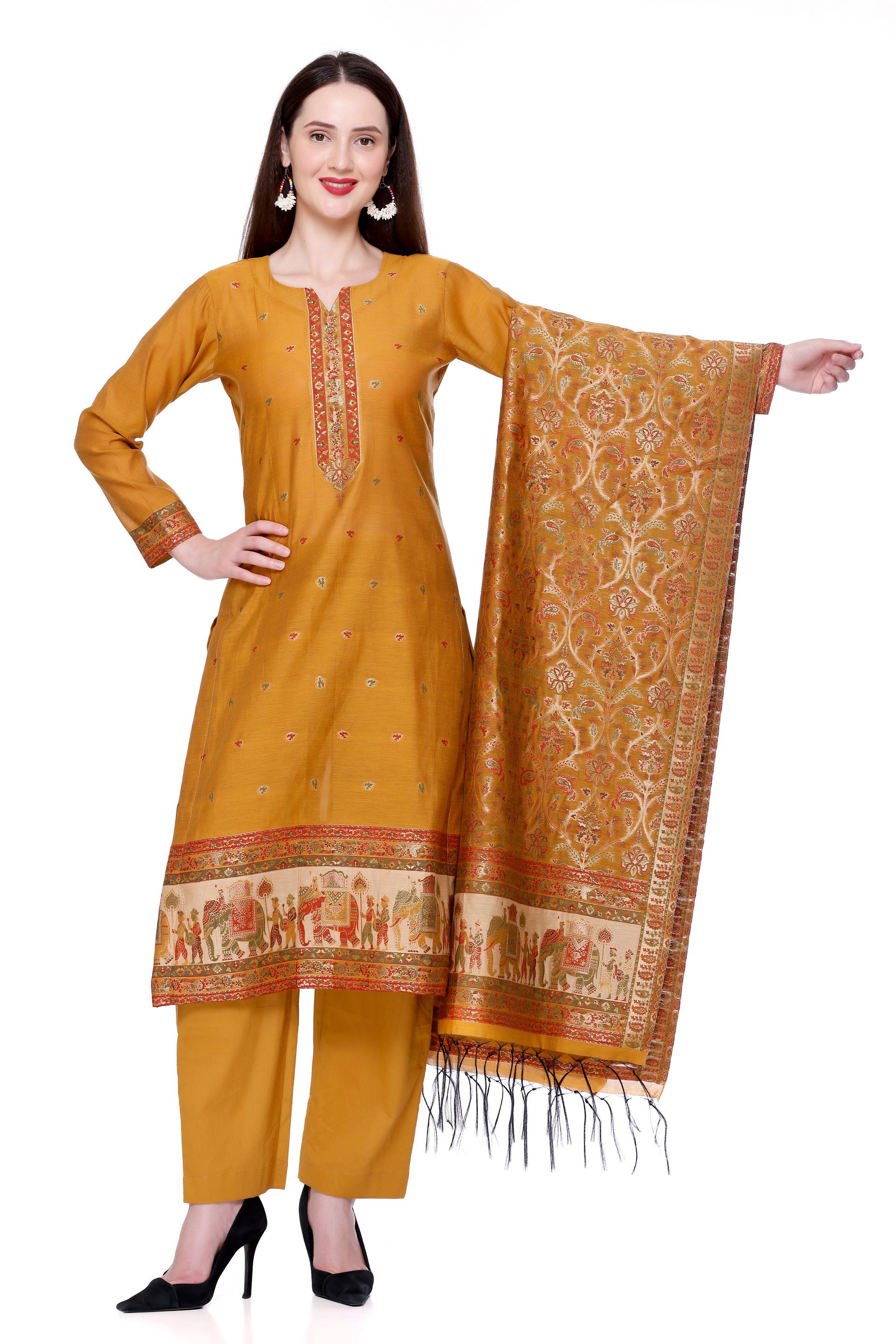 Kidar's Unstitched Cotton Silk Suit in Musturd