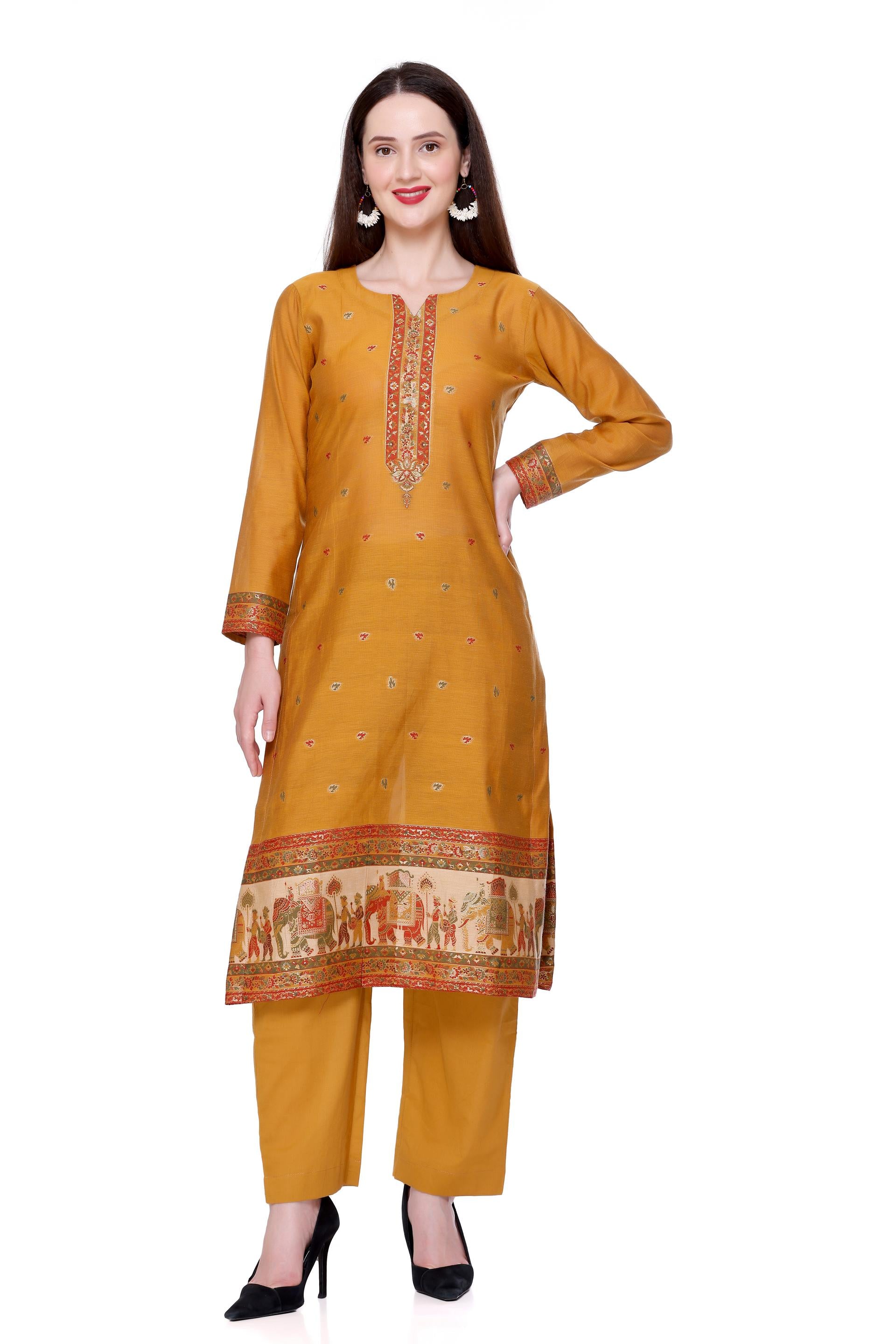 Kidar's Unstitched Cotton Silk Suit in Musturd