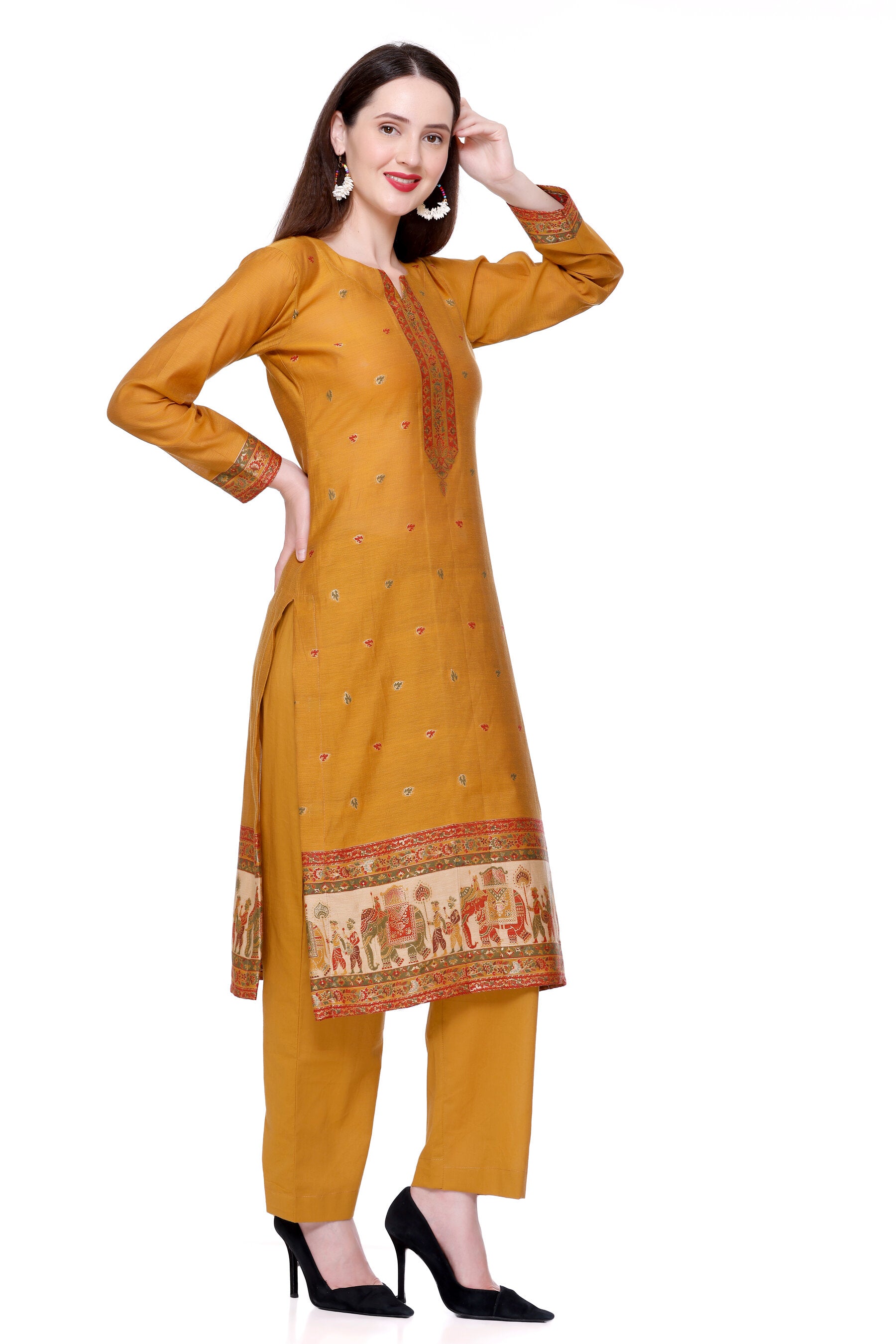 Kidar's Unstitched Cotton Silk Suit in Musturd