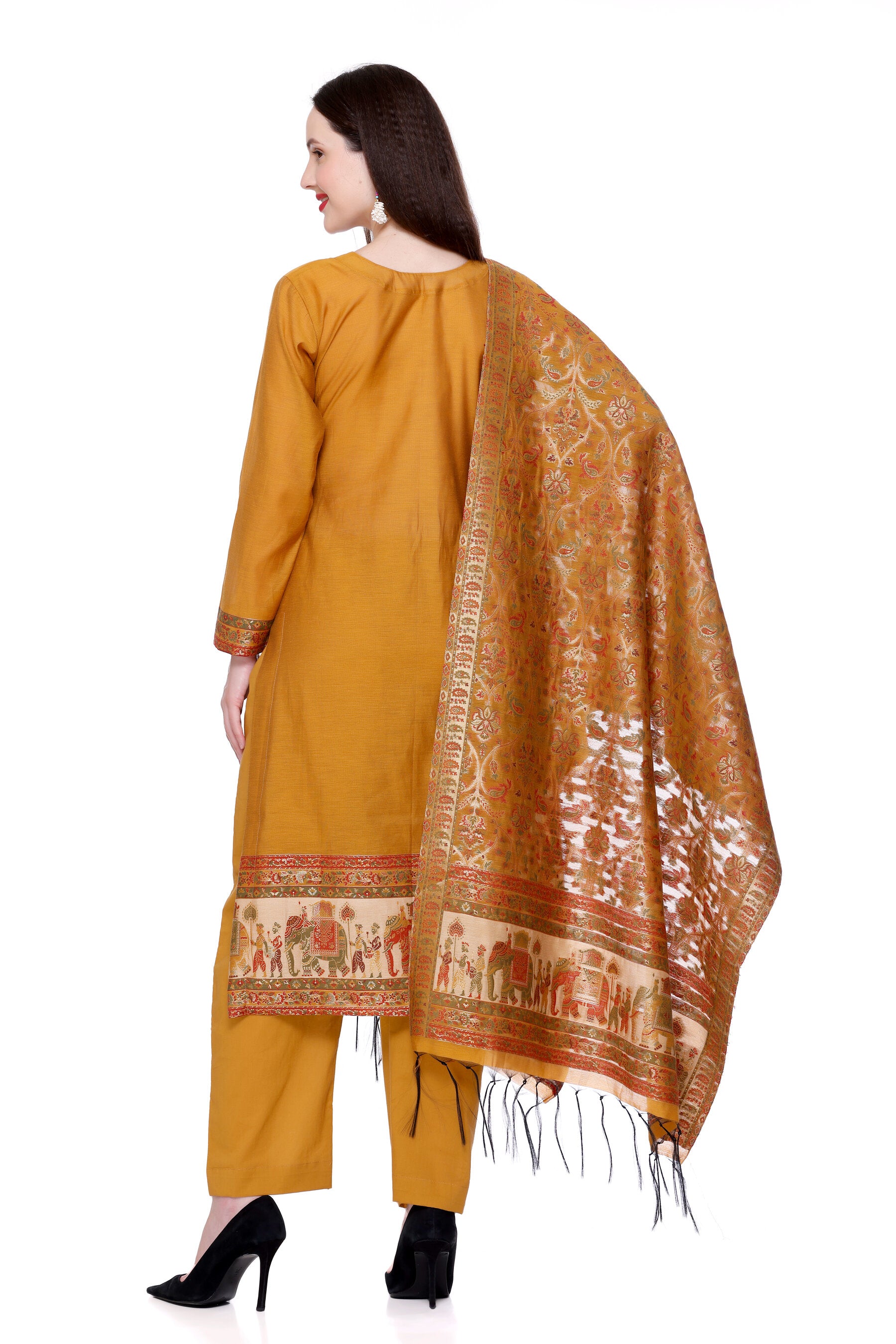 Kidar's Unstitched Cotton Silk Suit in Musturd