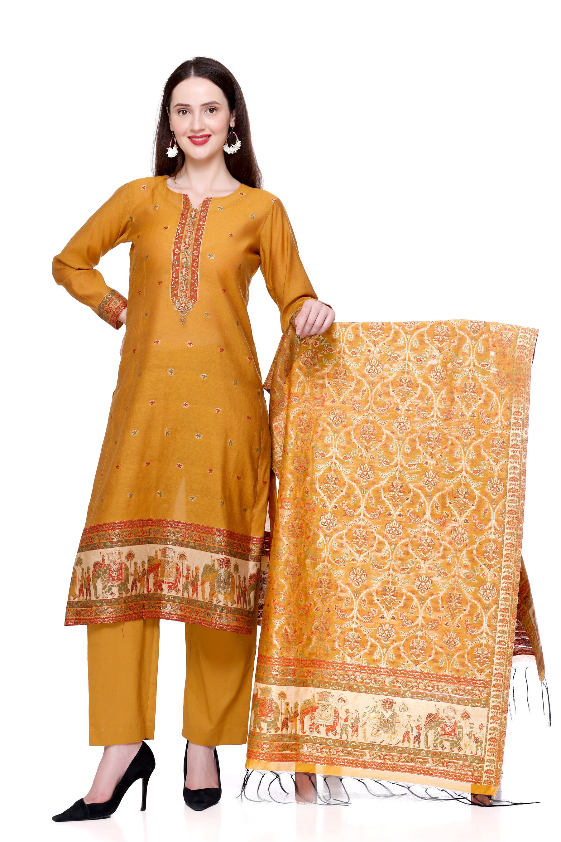 Kidar's Unstitched Cotton Silk Suit in Musturd