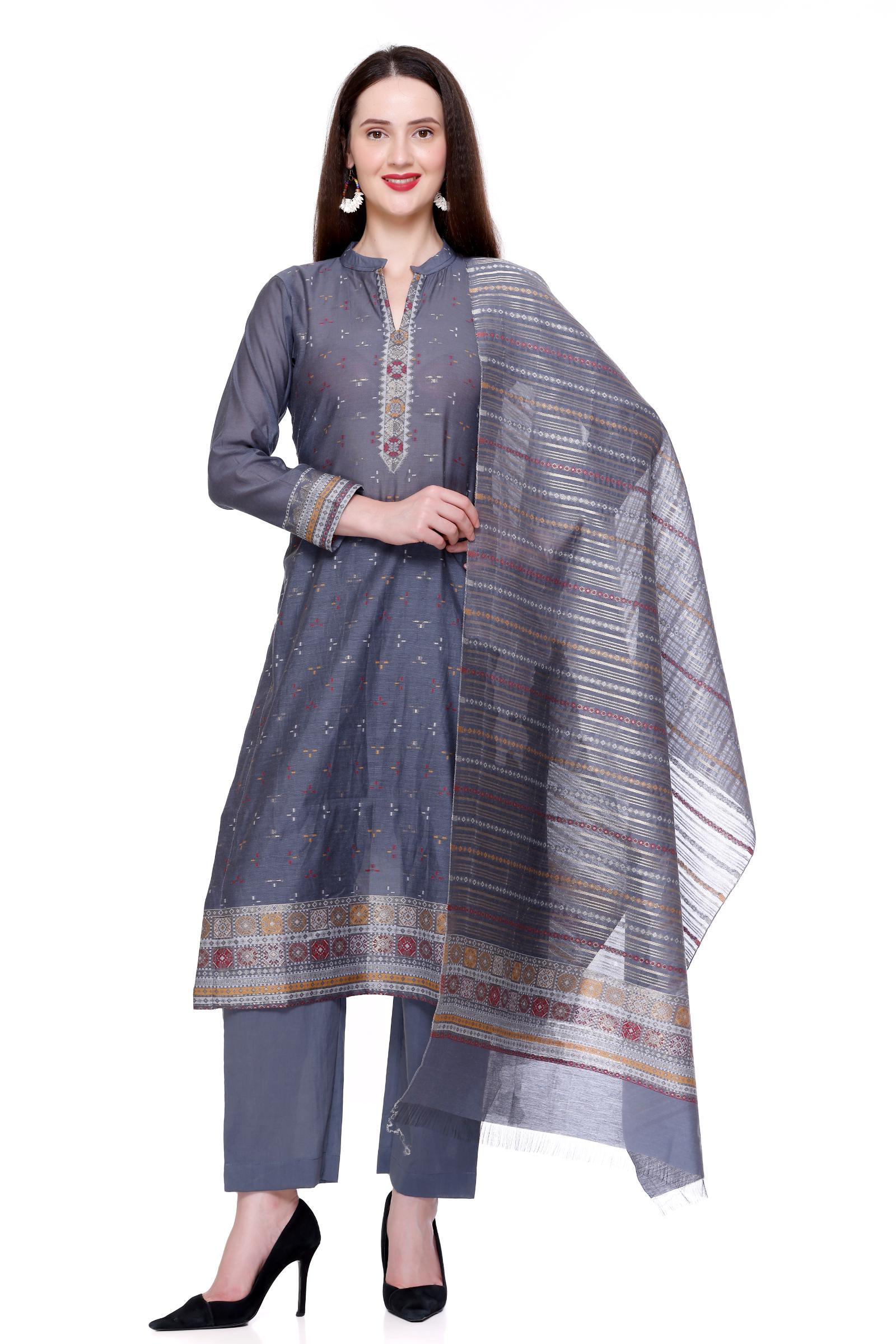 Kidar's Unstitched Cotton Silk Suit In Grey