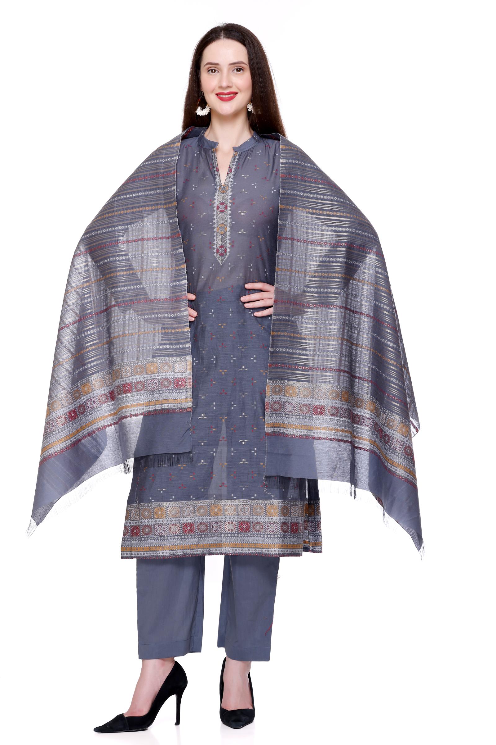 Kidar's Unstitched Cotton Silk Suit In Grey