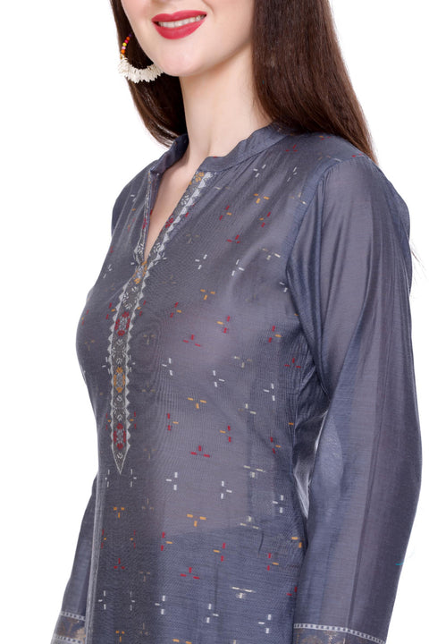 Kidar's Unstitched Cotton Silk Suit In Grey
