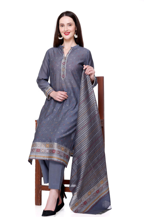 Kidar's Unstitched Cotton Silk Suit In Grey