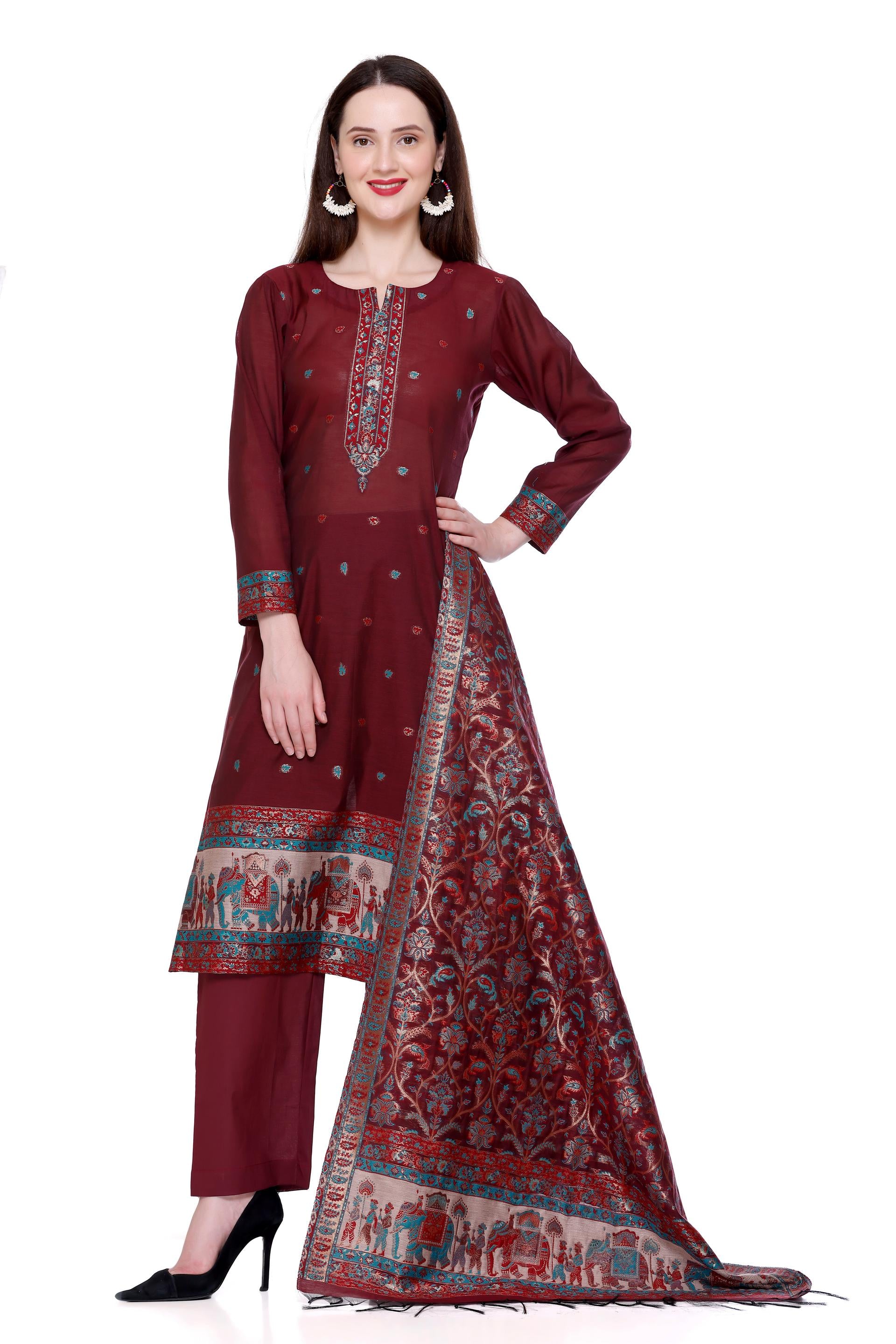 Kidar's Unstitched Cotton Silk Suit in Coffee