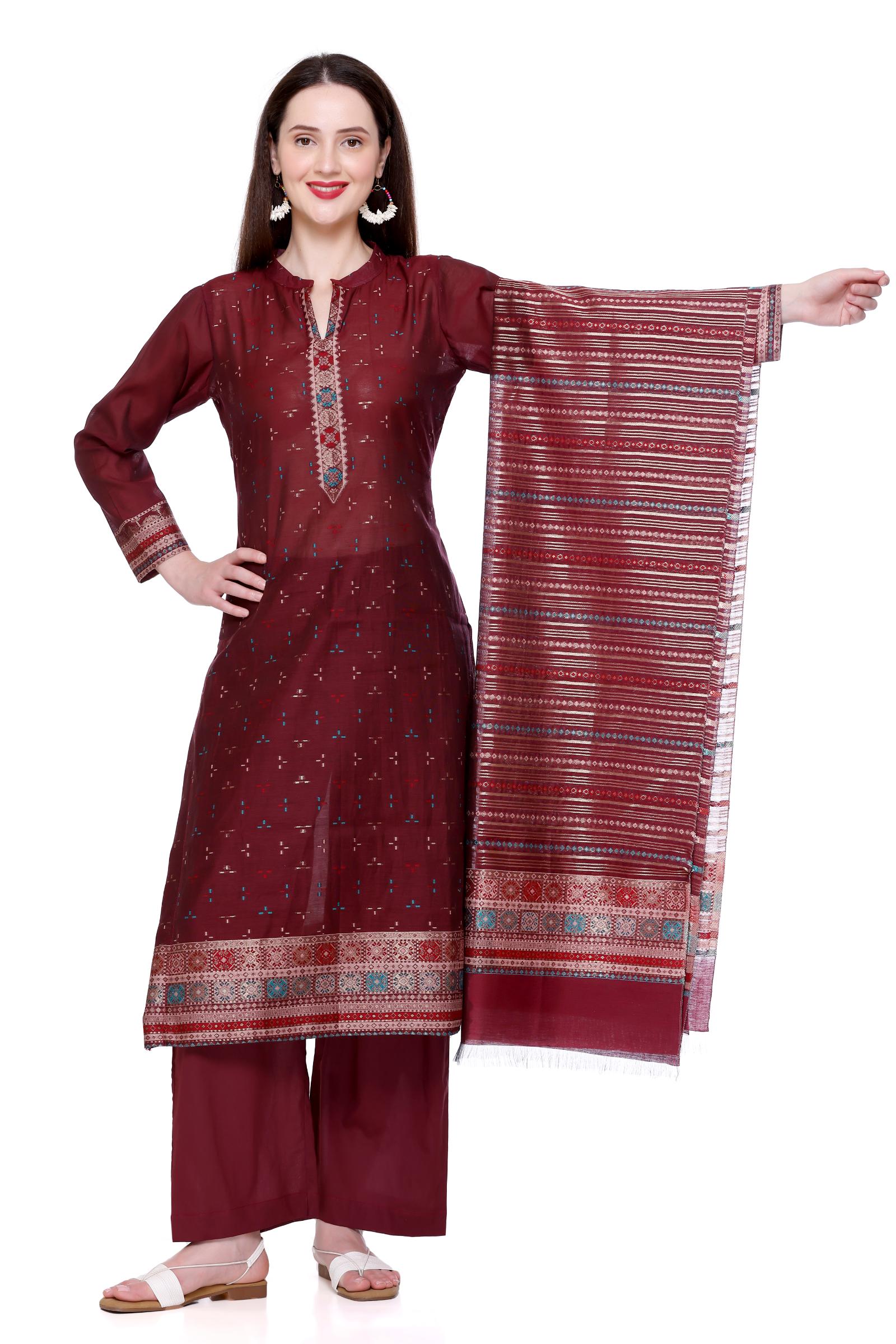 Kidar's Unstitched Cotton Silk Suit In Wine