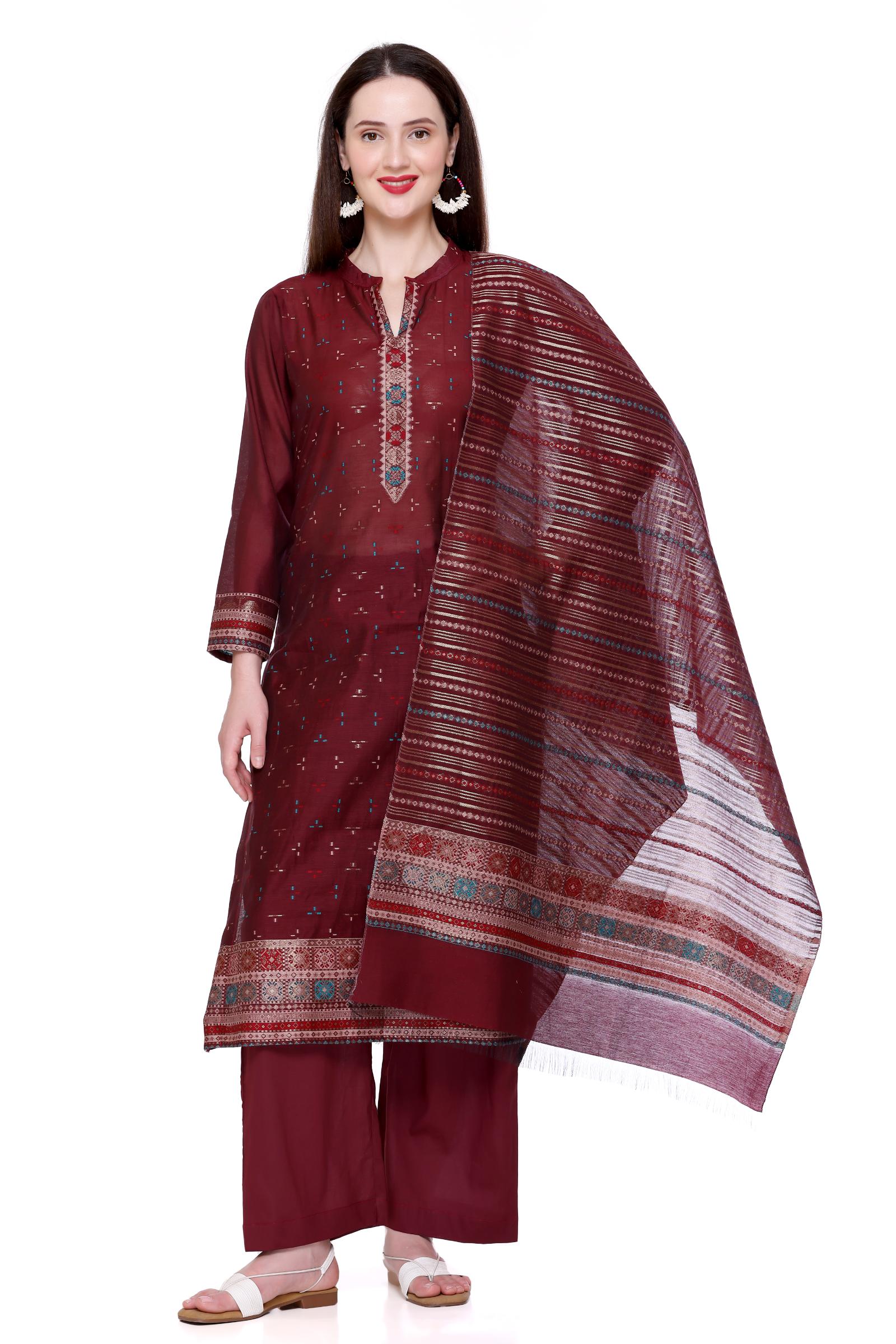 Kidar's Unstitched Cotton Silk Suit In Wine